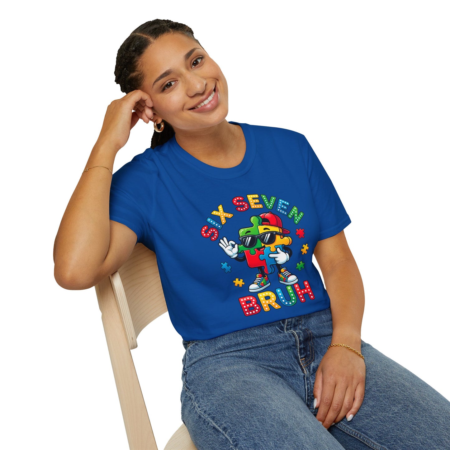 Royal Blue Autism Awareness t-shirt 6 7 meme style with colorful puzzle character in sunglasses and Six Seven text