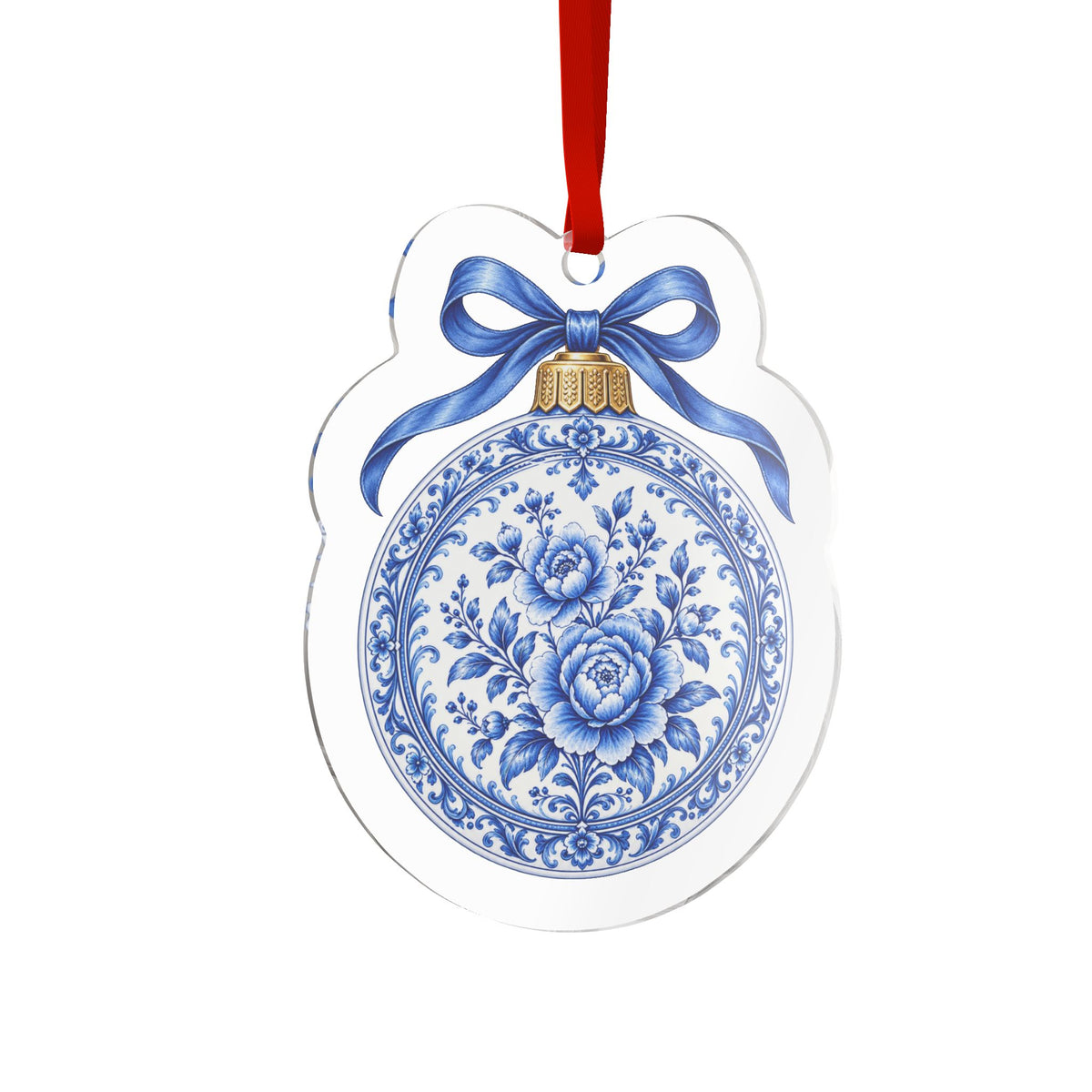 Blue and White Porcelain Christmas Ornament | Floral Acrylic Holiday Decor