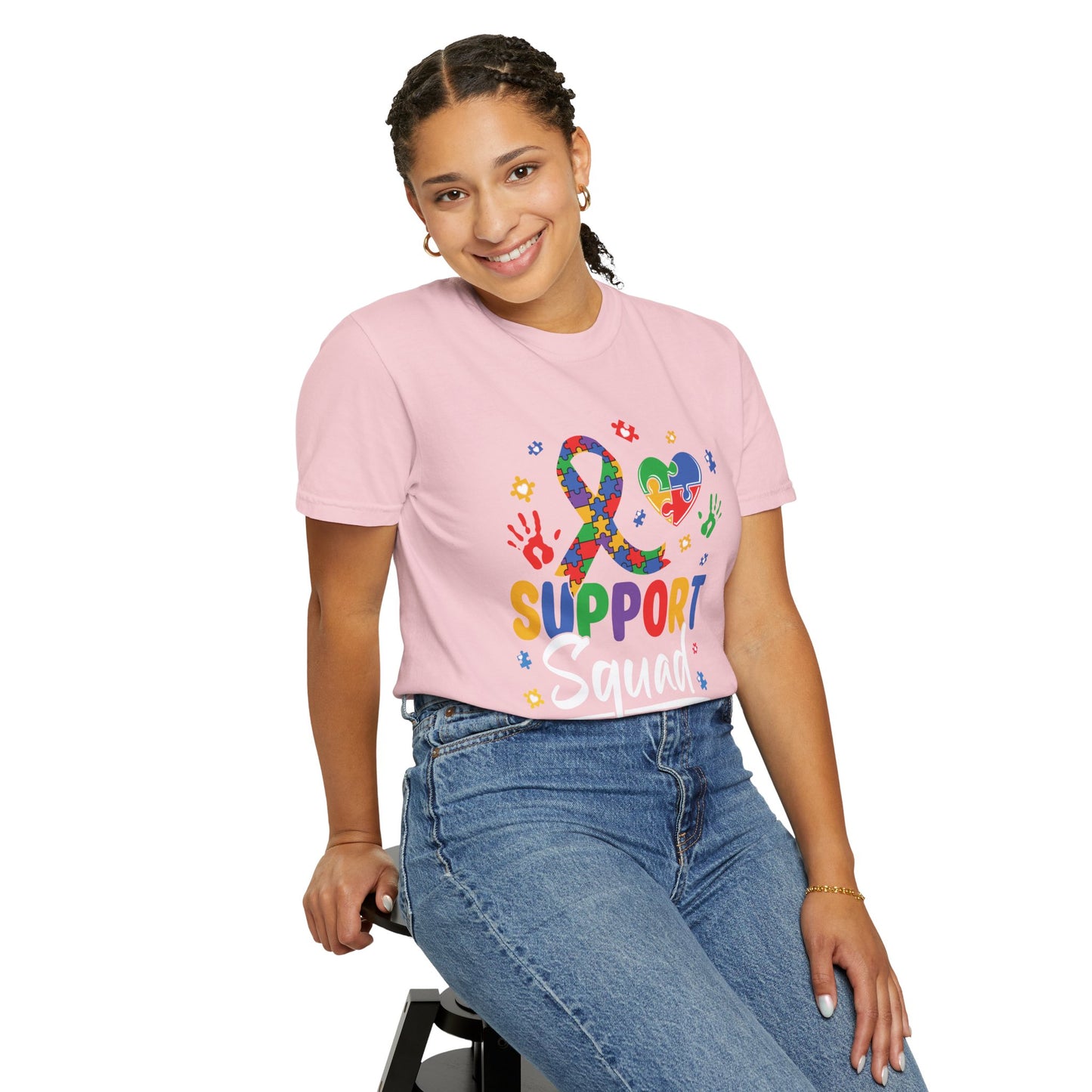 Blossom Autism Support Squad t-shirt with colorful puzzle ribbon and heart