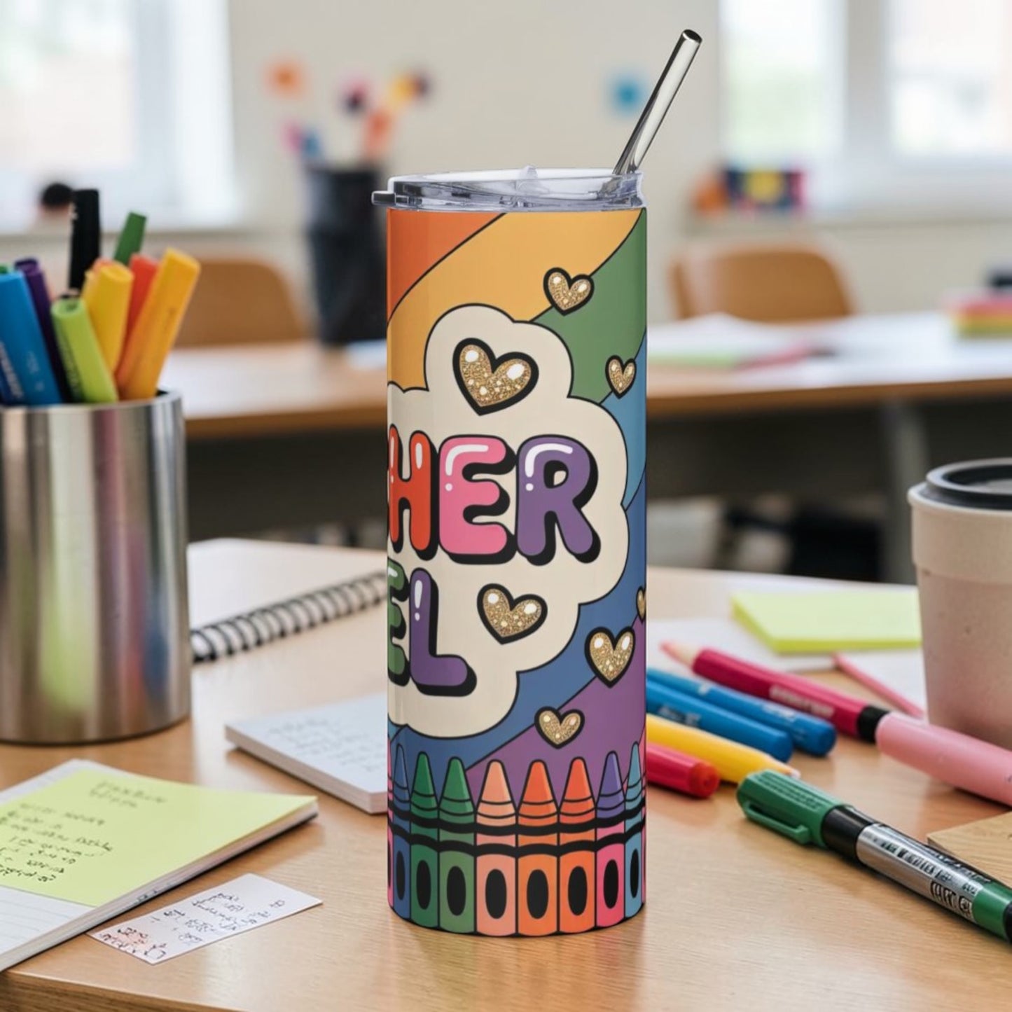 Teacher Fuel Tumbler 20oz – Colorful Crayon Stainless Steel Teacher Cup | Teacher Gift