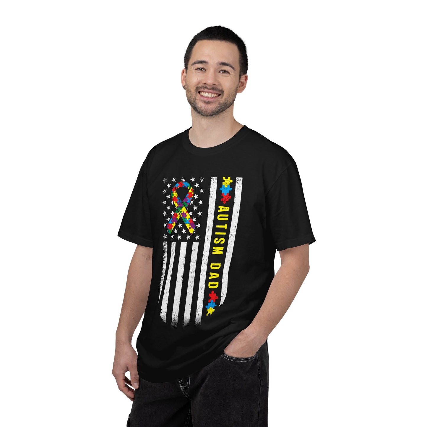 Autism Dad Flag T-Shirt — Puzzle Ribbon American Flag Support Tee