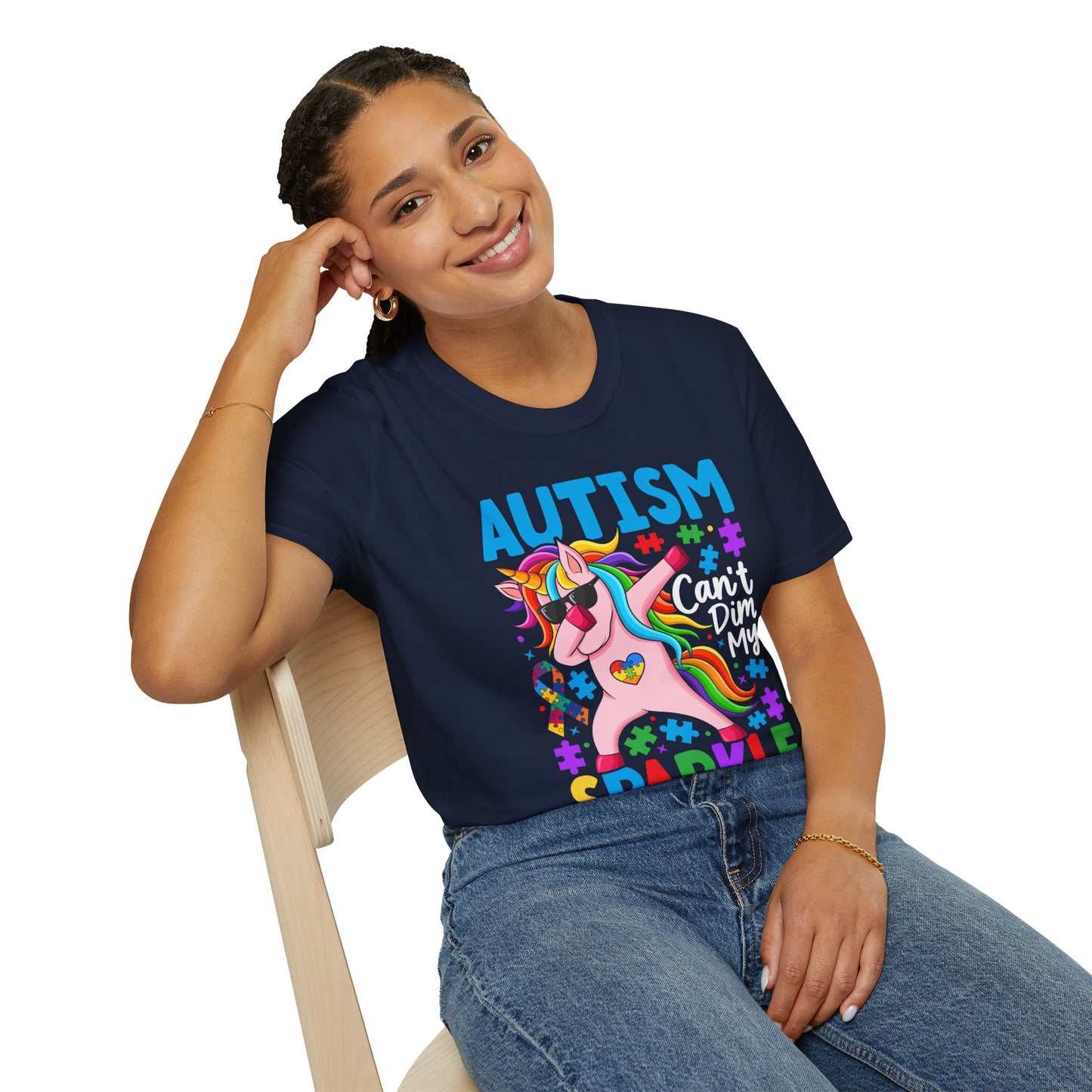 Navy Blue Autism Sparkle t-shirt with colorful puzzle and unicorn