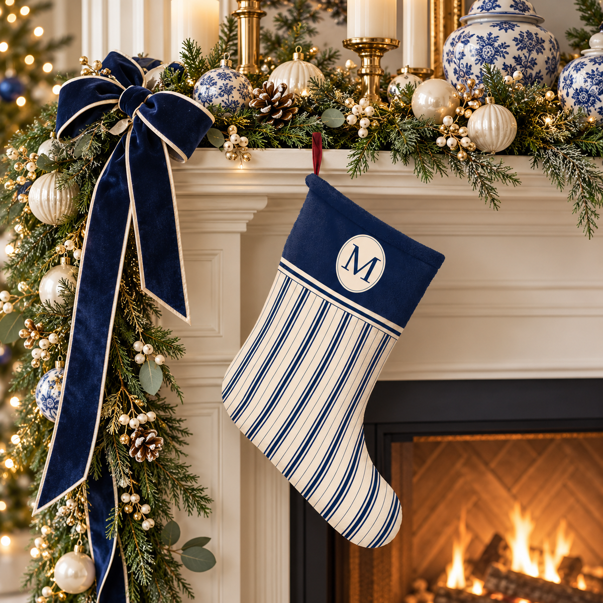 Christmas Stocking – Navy Striped Monogram Personalized Holiday Stocking