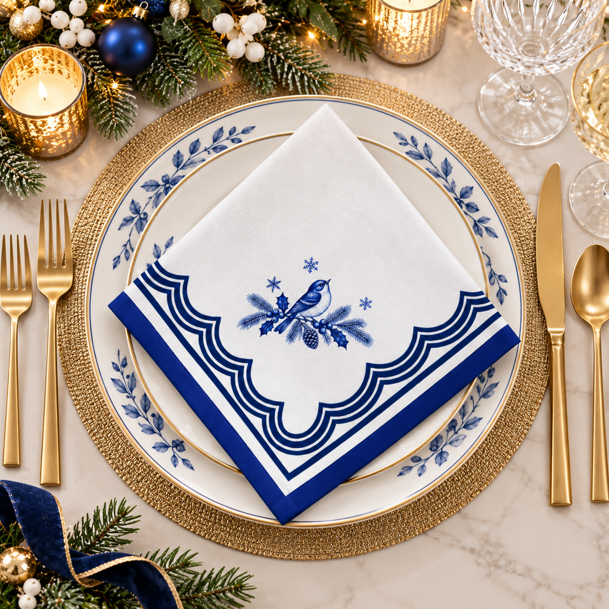 Christmas Napkin | Blue Cotton Twill Bird & Pine Branch Holiday Table Linen
