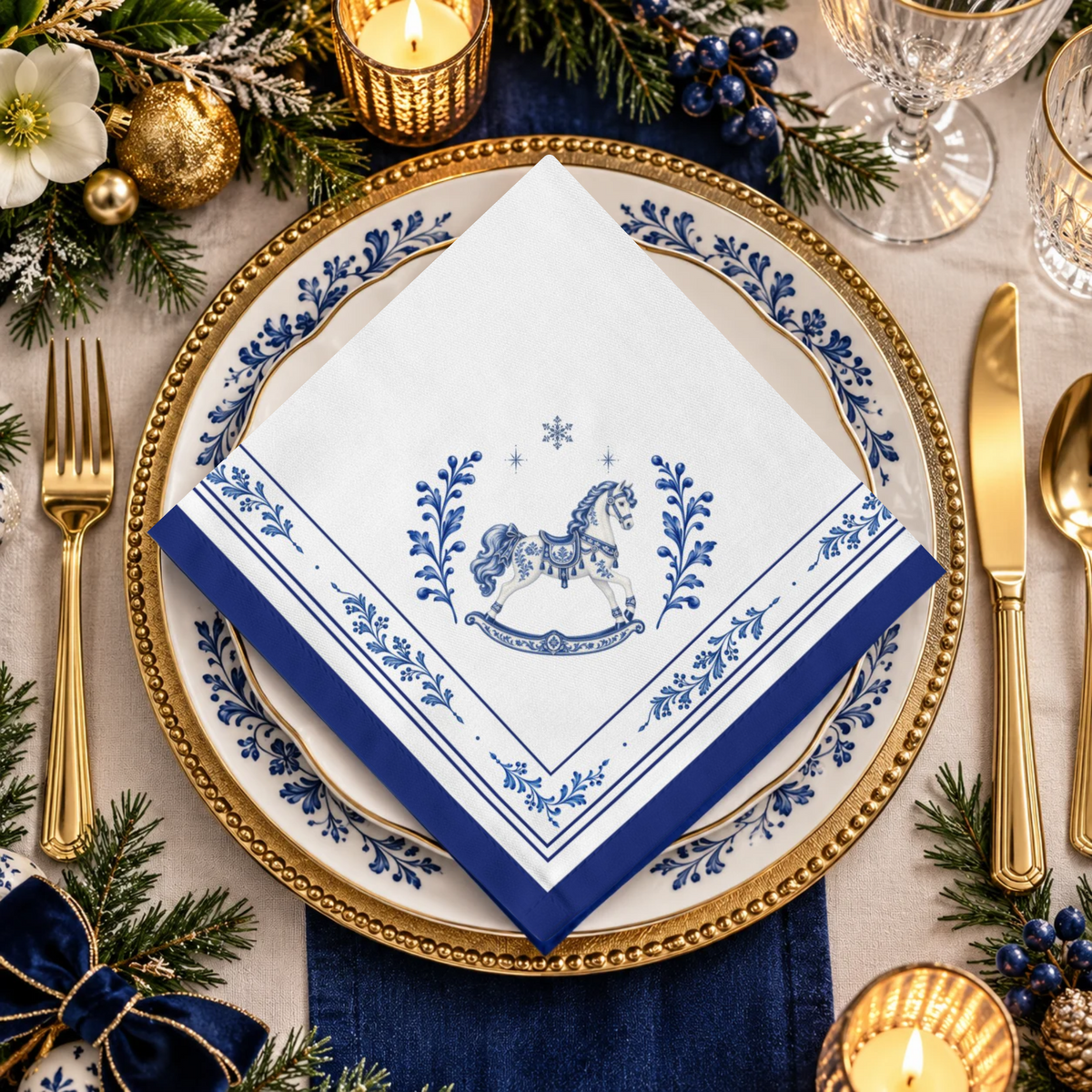 Christmas Napkin | Blue Cotton Twill Rocking Horse Holiday Table Linen