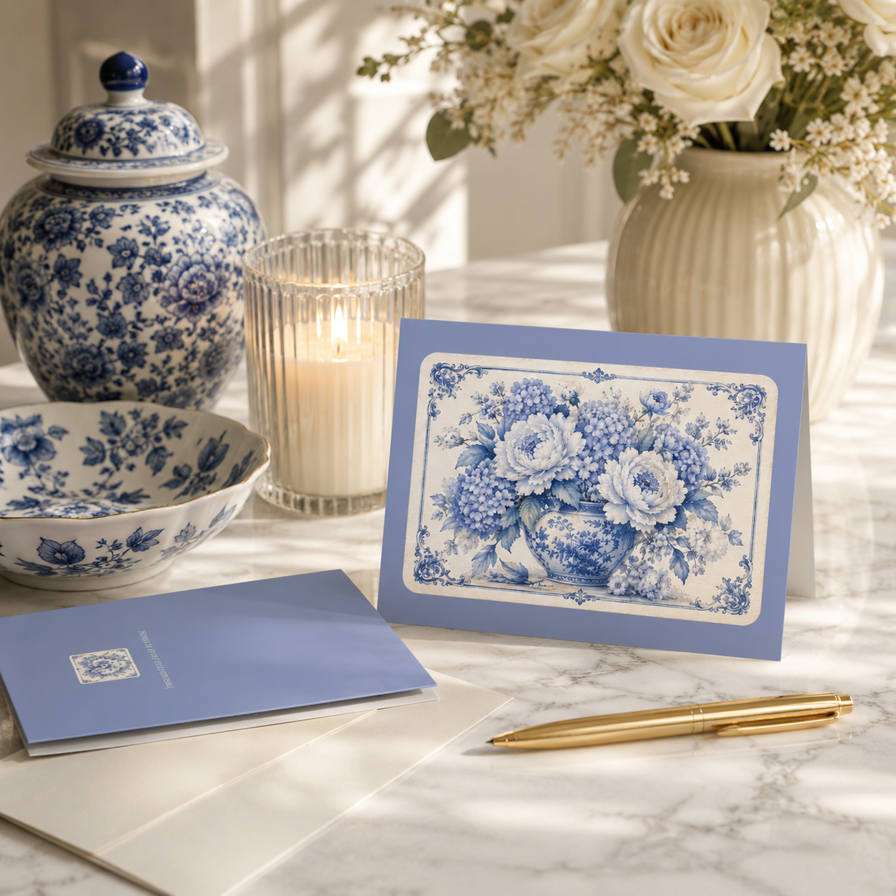 Elegant blue chinoiserie greeting card with vintage floral bouquet shown in a refined stationery scene with porcelain accessories and writing pen.