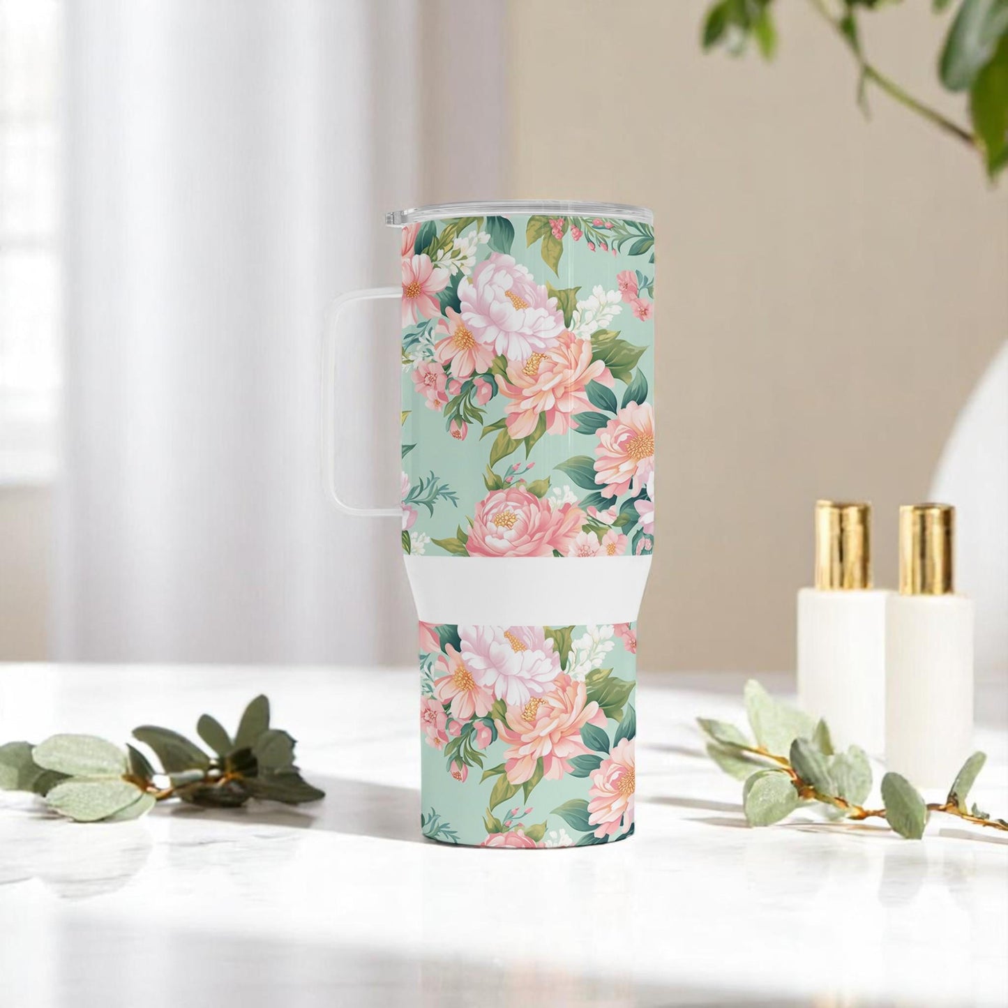 Mint Garden Grace - Floral Stainless Steel Travel Mug with Handle (750 ml) - Elegant Reusable Coffee Cup for Women