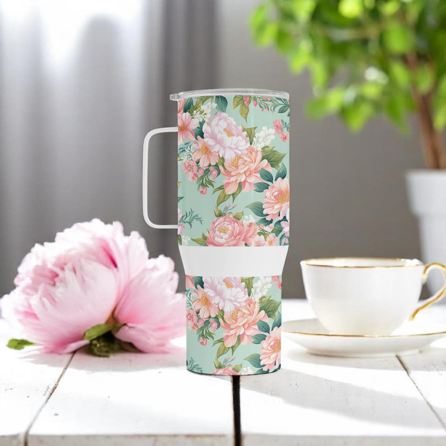 Mint Garden Grace - Floral Stainless Steel Travel Mug with Handle (750 ml) - Elegant Reusable Coffee Cup for Women