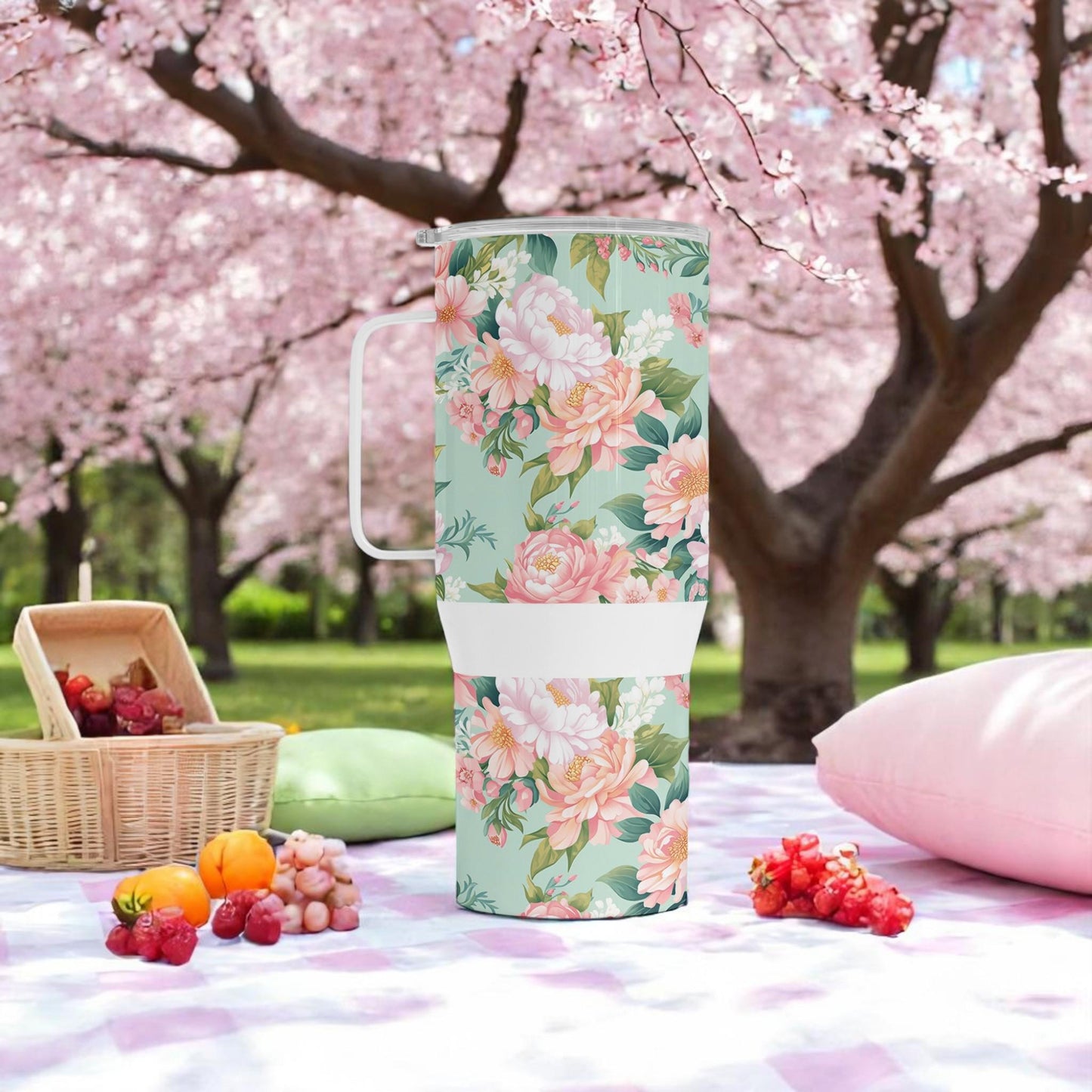 Mint Garden Grace - Floral Stainless Steel Travel Mug with Handle (750 ml) - Elegant Reusable Coffee Cup for Women