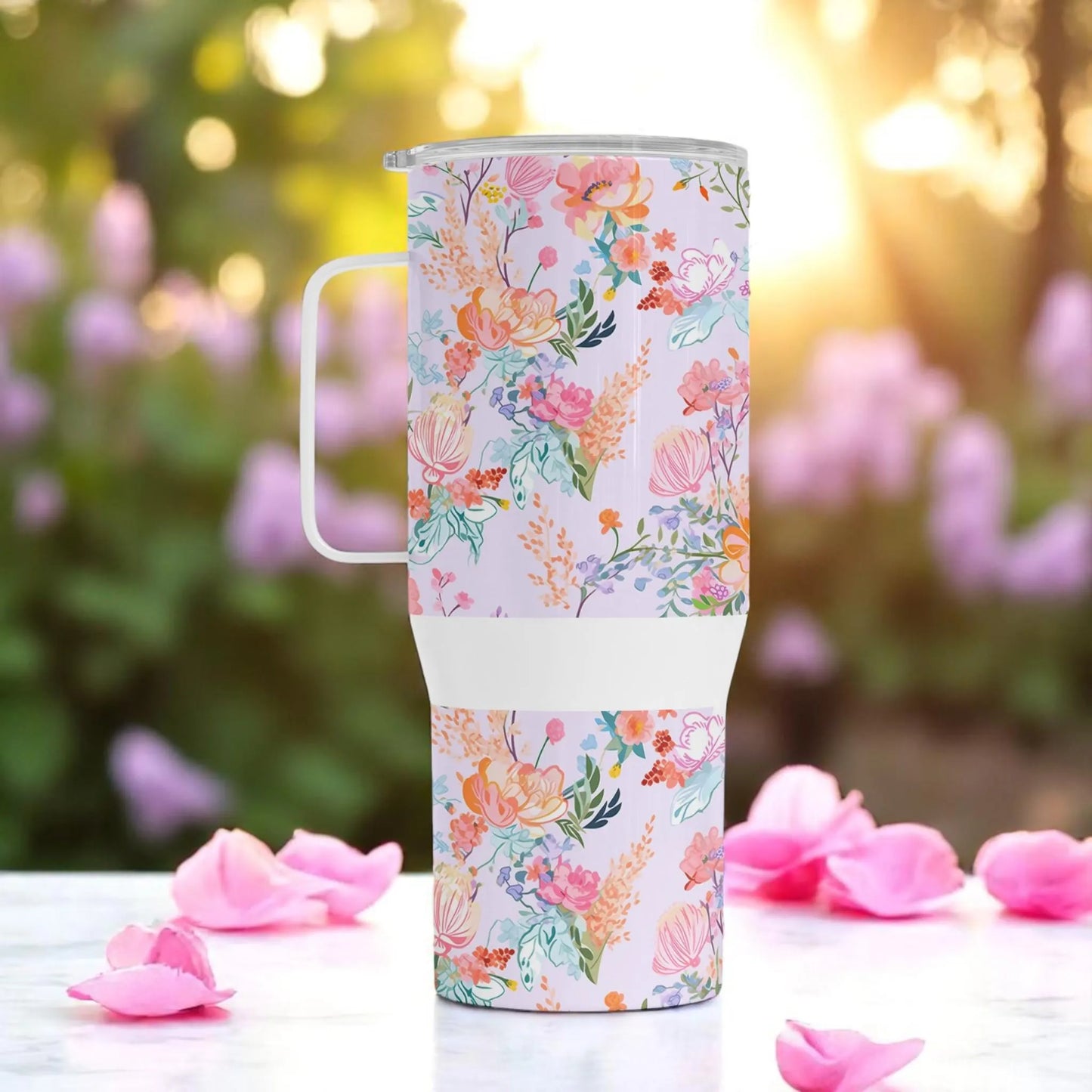 Whispers of Spring - Pastel Floral Travel Mug – 750 ml Stainless Steel Tumbler with Lid