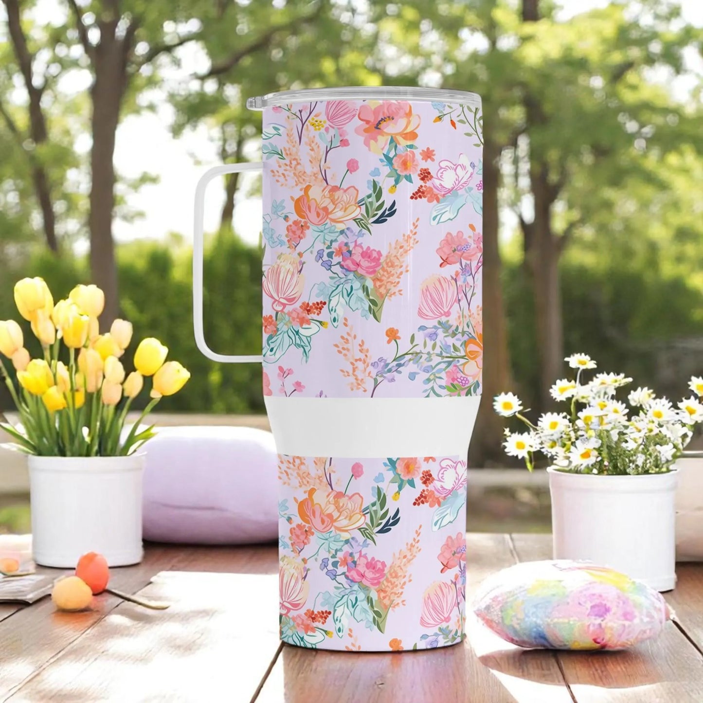 Whispers of Spring - Pastel Floral Travel Mug – 750 ml Stainless Steel Tumbler with Lid
