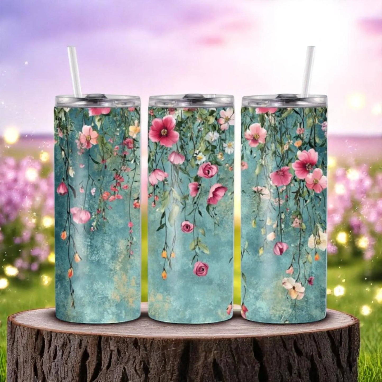 Garden Serenade - 20oz Tumbler with Straw – Stainless Steel Floral Travel Mug | Hanging Flowers Cup with Lid | Cute Gift for Women