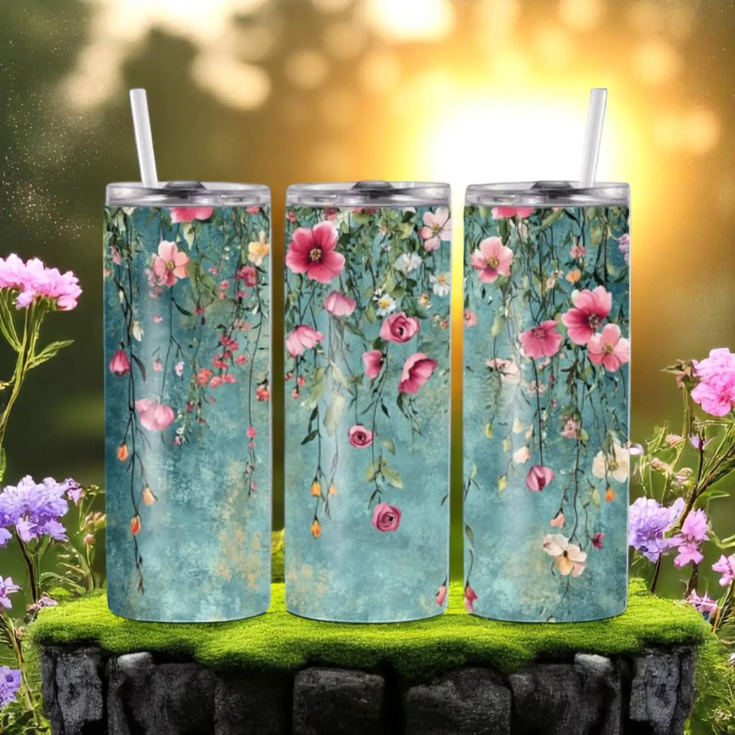 Garden Serenade - 20oz Tumbler with Straw – Stainless Steel Floral Travel Mug | Hanging Flowers Cup with Lid | Cute Gift for Women