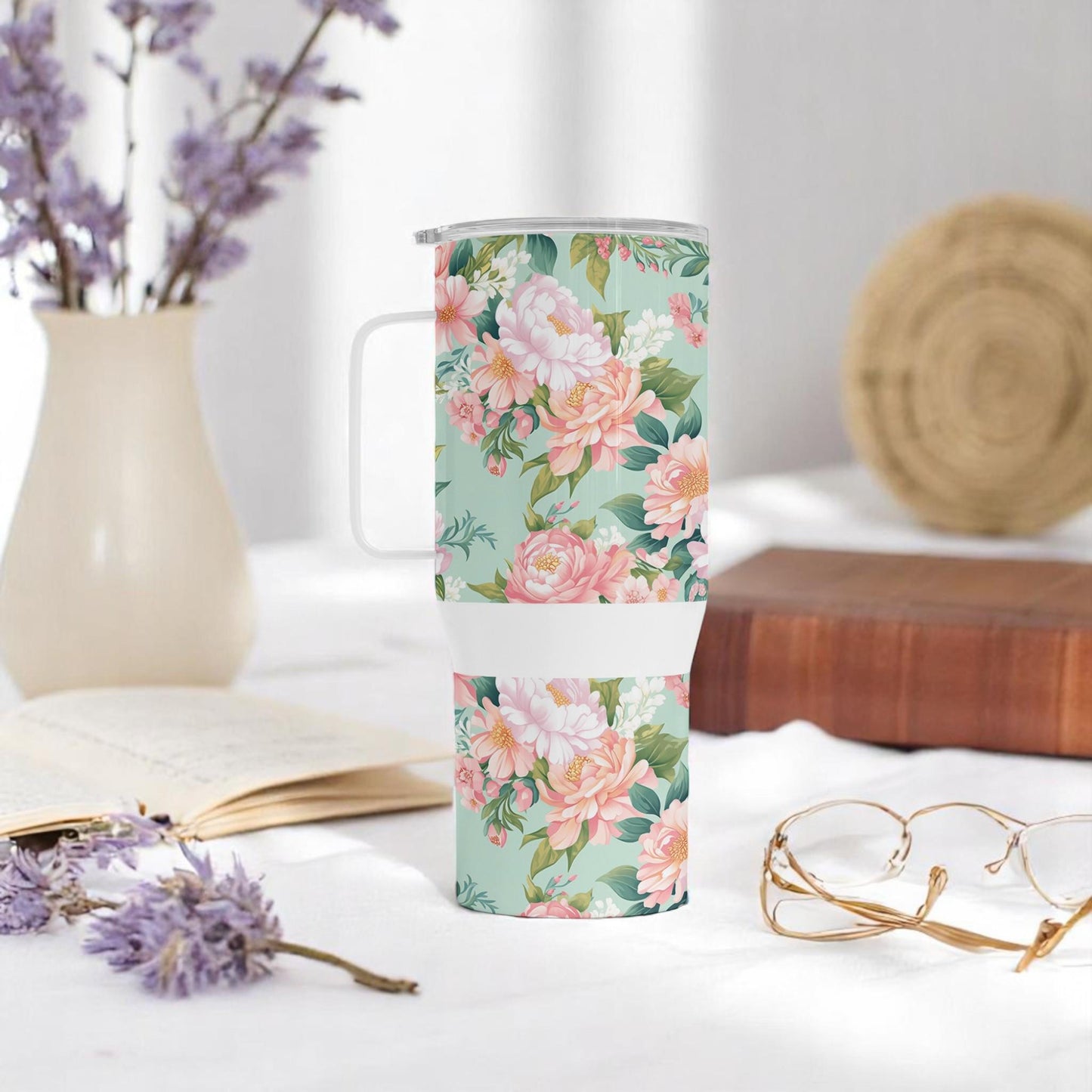 Mint Garden Grace - Floral Stainless Steel Travel Mug with Handle (750 ml) - Elegant Reusable Coffee Cup for Women