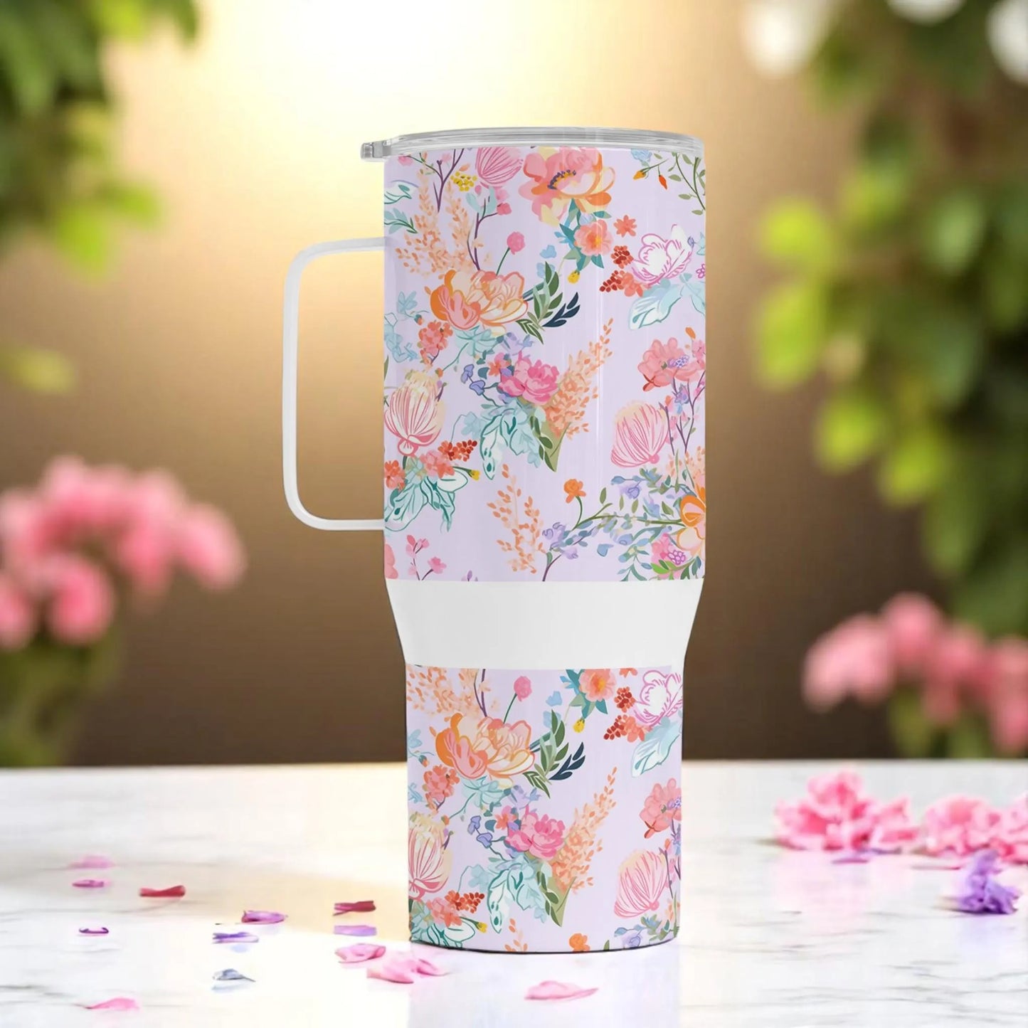 Whispers of Spring - Pastel Floral Travel Mug – 750 ml Stainless Steel Tumbler with Lid