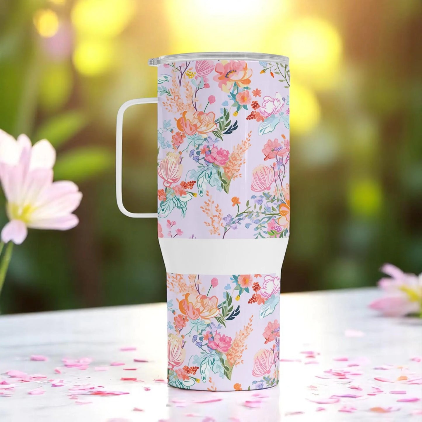 Whispers of Spring - Pastel Floral Travel Mug – 750 ml Stainless Steel Tumbler with Lid