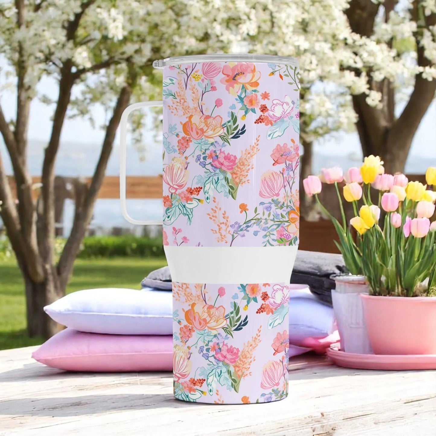 Whispers of Spring - Pastel Floral Travel Mug – 750 ml Stainless Steel Tumbler with Lid