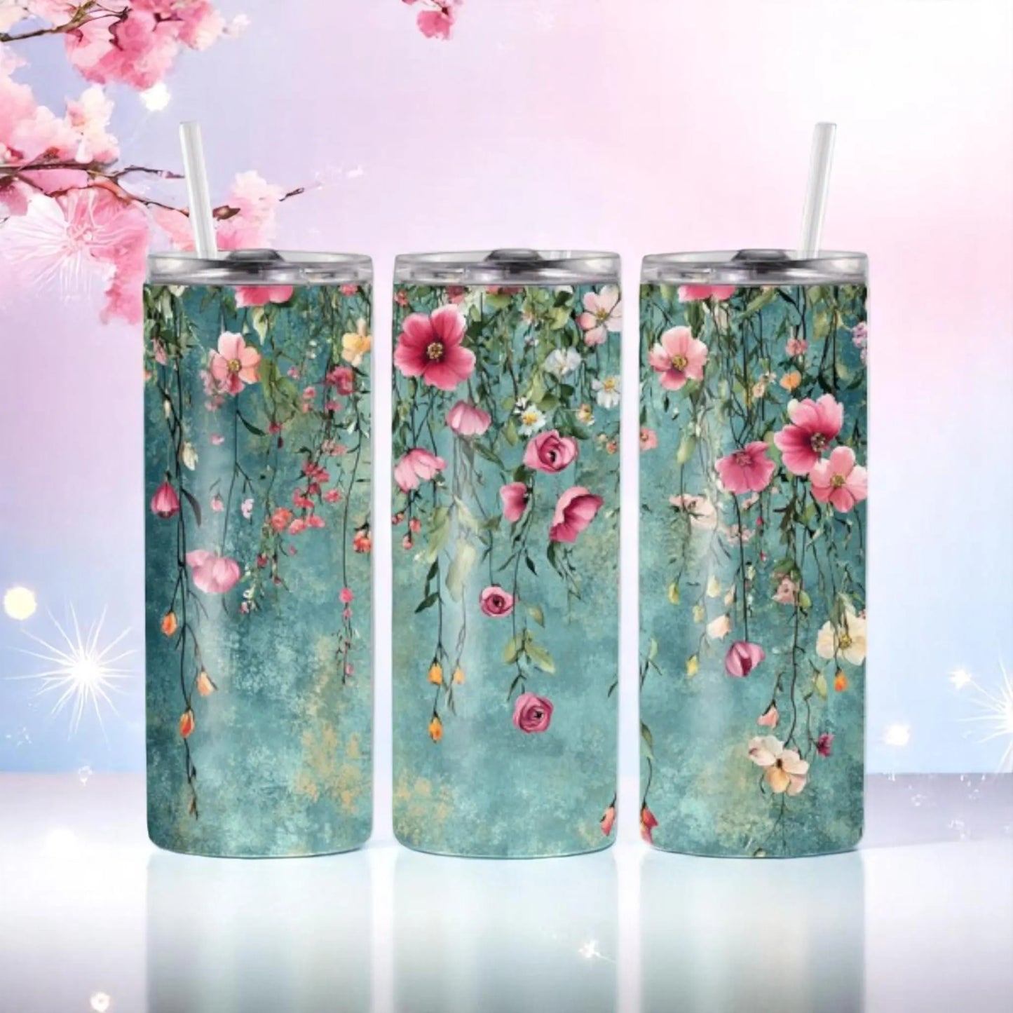 Garden Serenade - 20oz Tumbler with Straw – Stainless Steel Floral Travel Mug | Hanging Flowers Cup with Lid | Cute Gift for Women