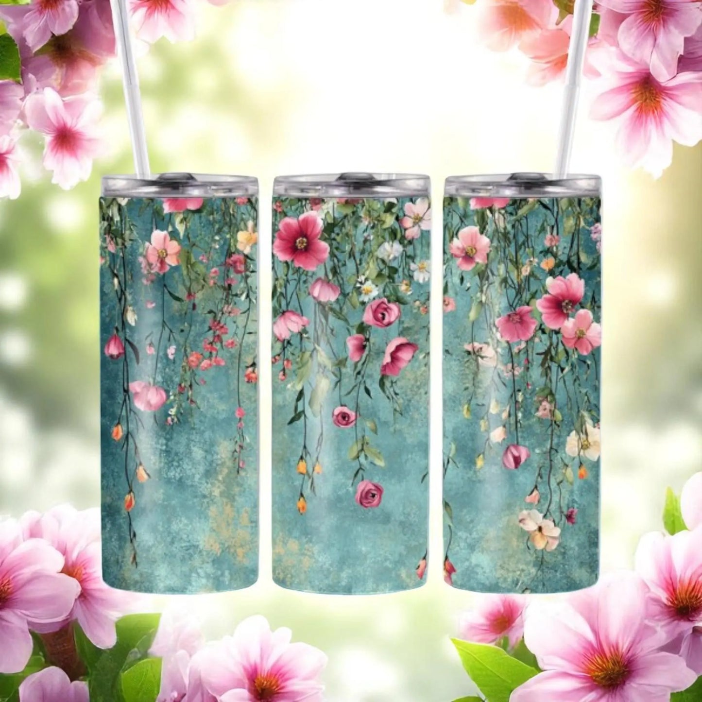 Garden Serenade - 20oz Tumbler with Straw – Stainless Steel Floral Travel Mug | Hanging Flowers Cup with Lid | Cute Gift for Women