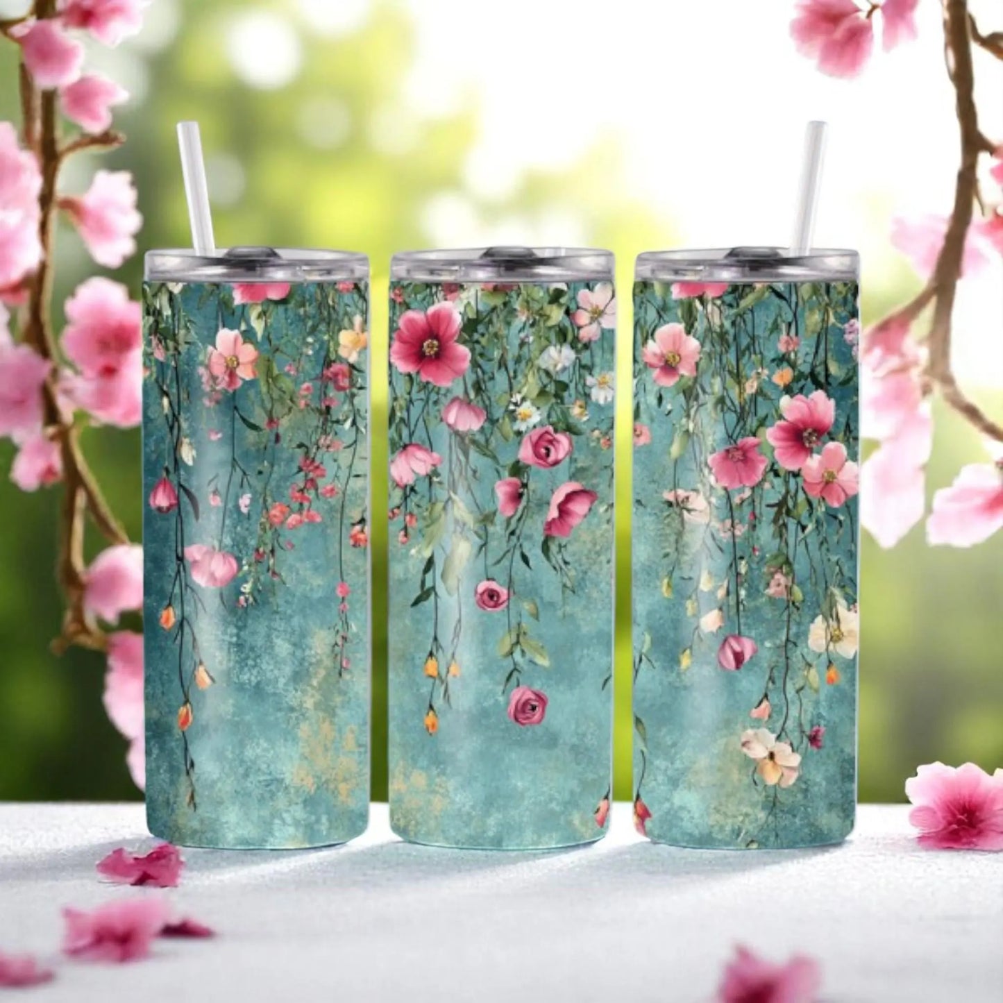 Garden Serenade - 20oz Tumbler with Straw – Stainless Steel Floral Travel Mug | Hanging Flowers Cup with Lid | Cute Gift for Women