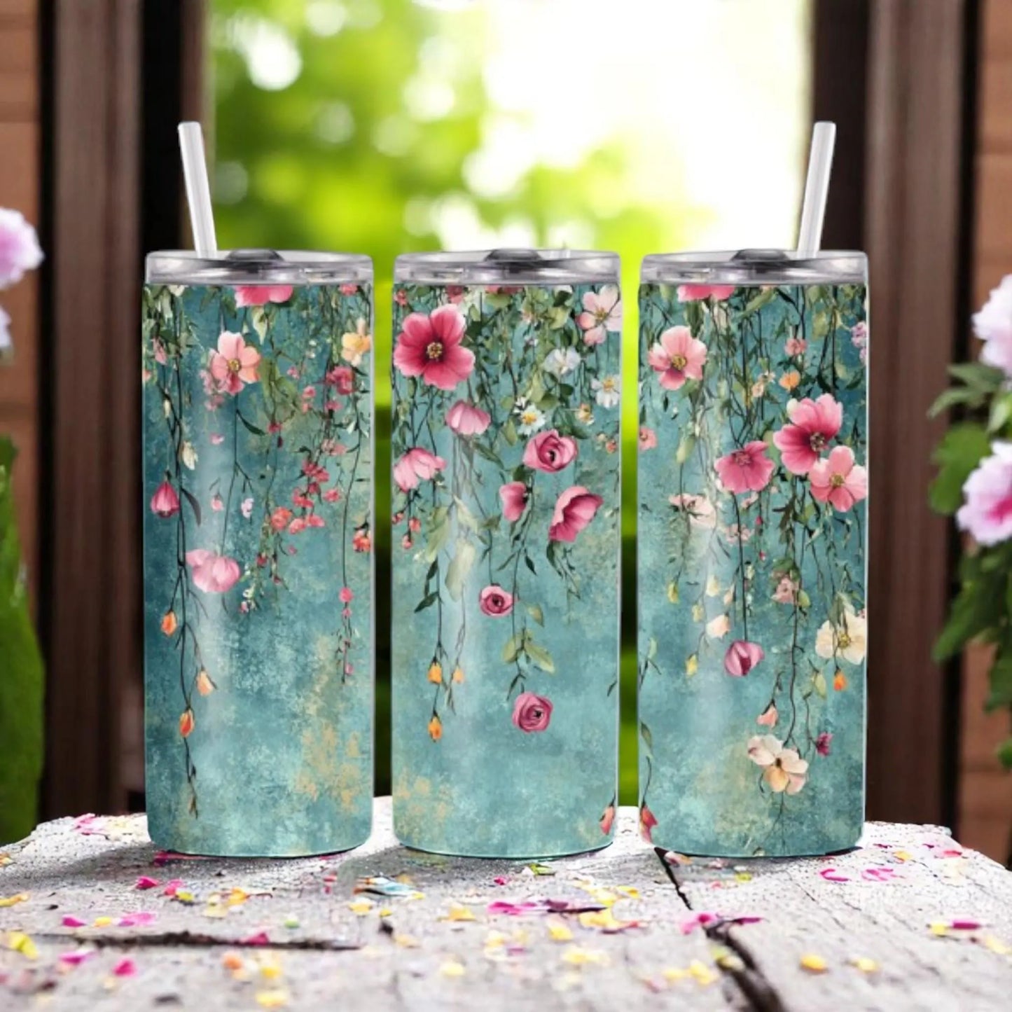Garden Serenade - 20oz Tumbler with Straw – Stainless Steel Floral Travel Mug | Hanging Flowers Cup with Lid | Cute Gift for Women