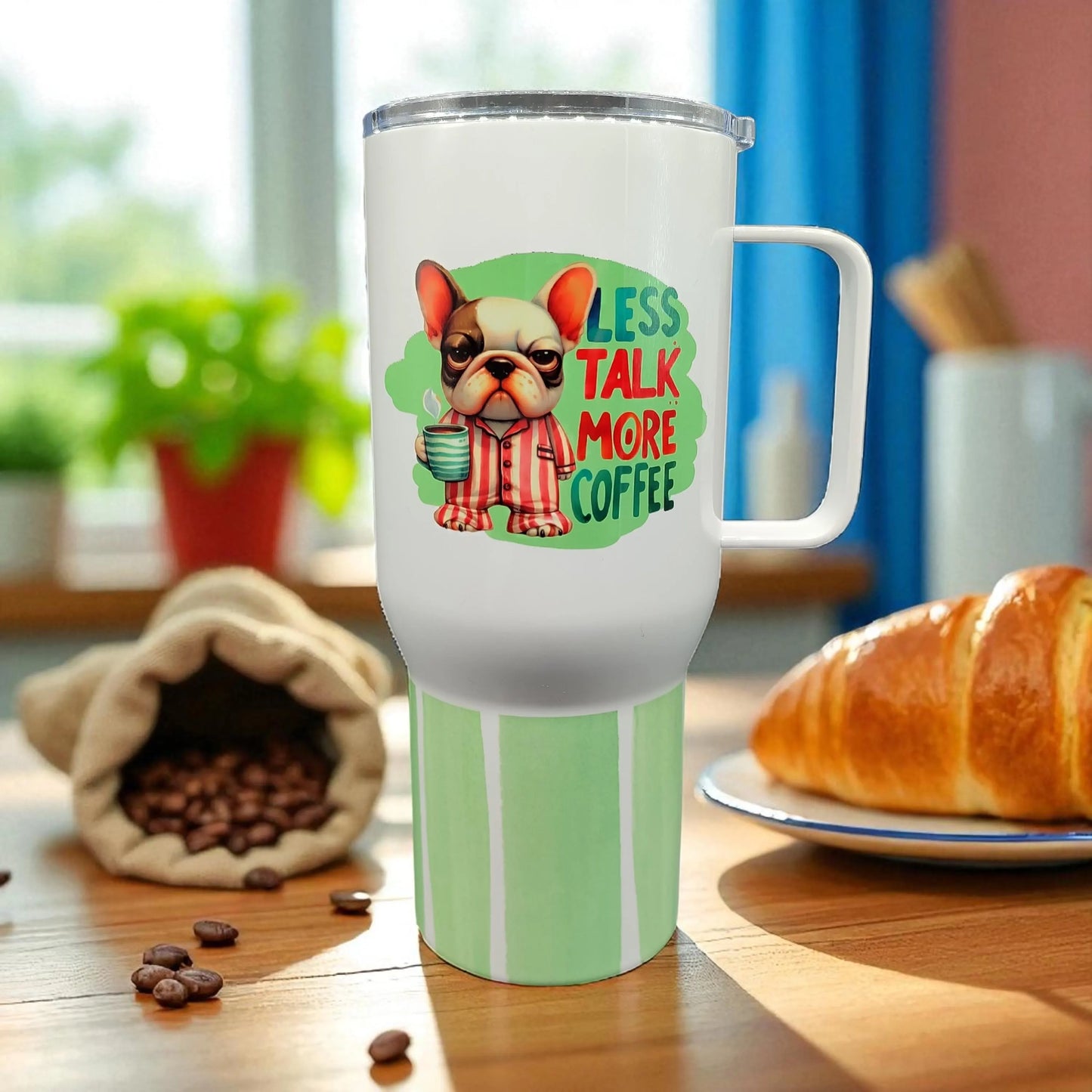 Less Talk, More Coffee – 750 ml Stainless Steel Tumbler with Handle | French Bulldog Pajama Design