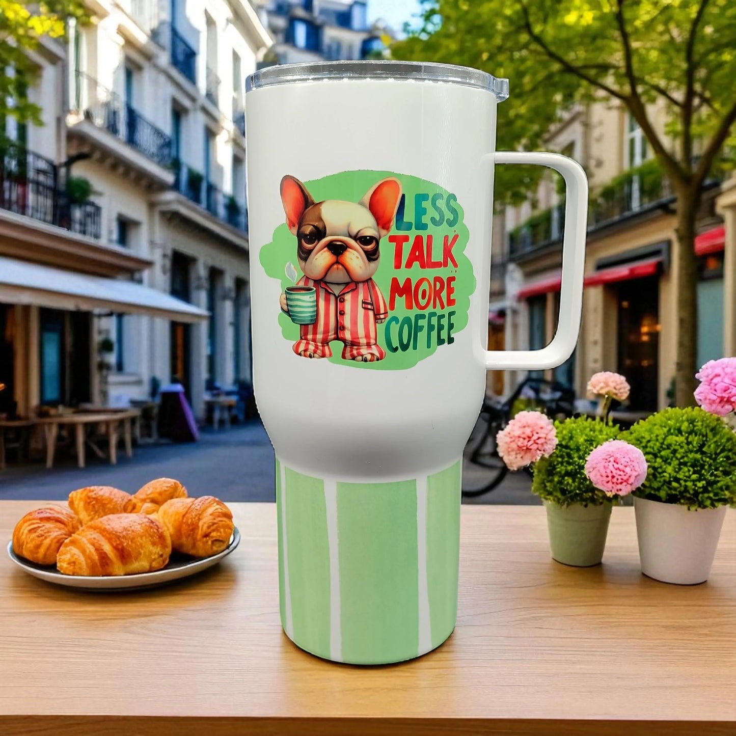 Less Talk, More Coffee – 750 ml Stainless Steel Tumbler with Handle | French Bulldog Pajama Design