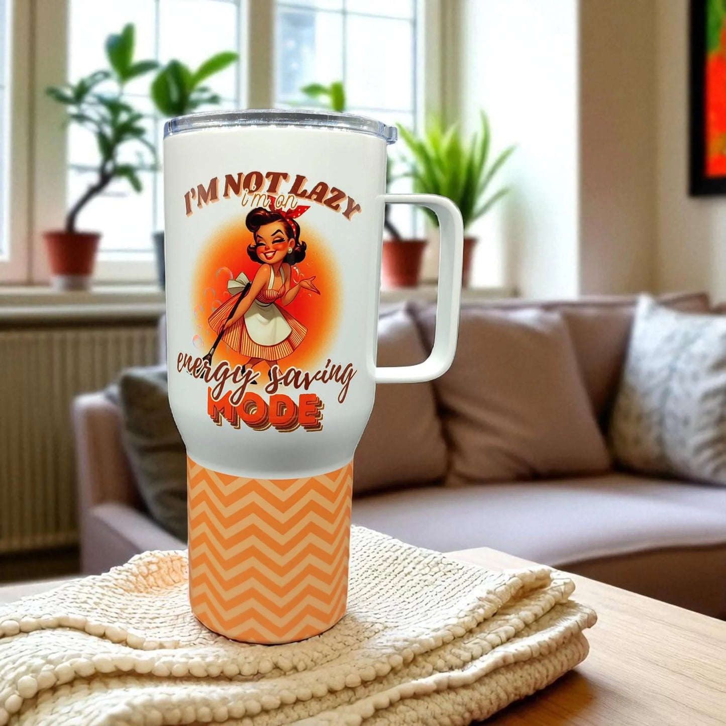 I’m Not Lazy, I’m On Energy Saving Mode – 750 ml Stainless Steel Tumbler | Retro Girl Design