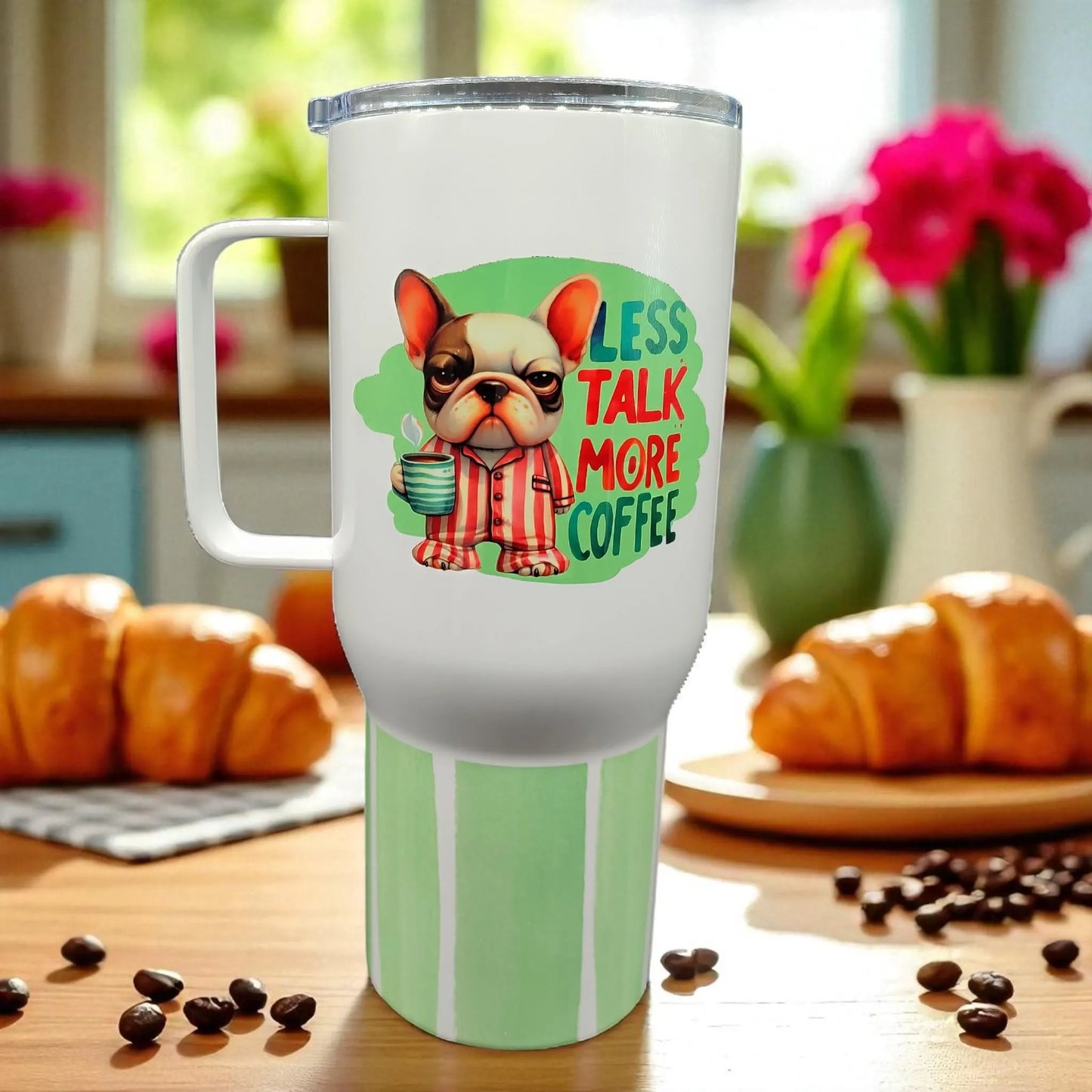 Less Talk, More Coffee – 750 ml Stainless Steel Tumbler with Handle | French Bulldog Pajama Design