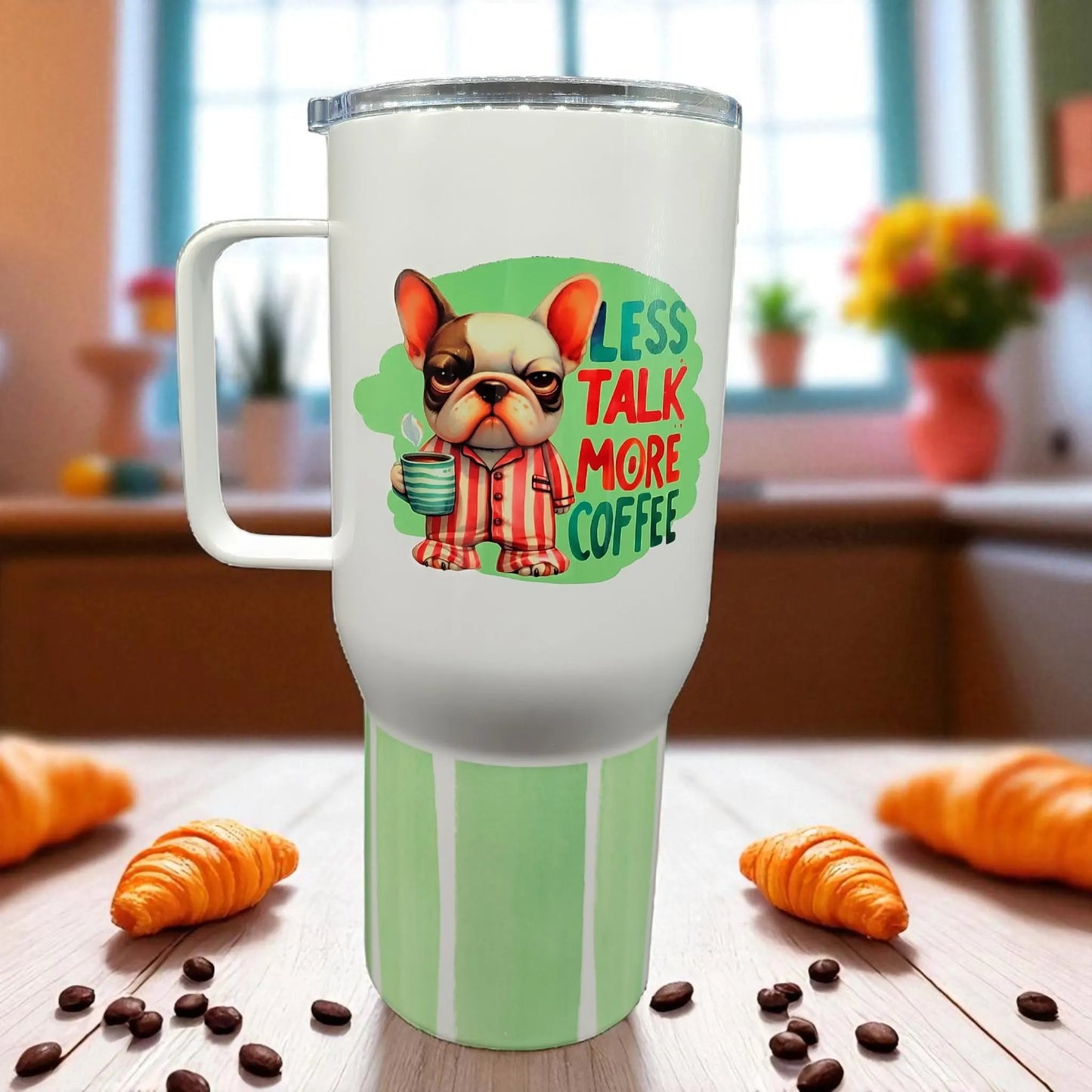 Less Talk, More Coffee – 750 ml Stainless Steel Tumbler with Handle | French Bulldog Pajama Design