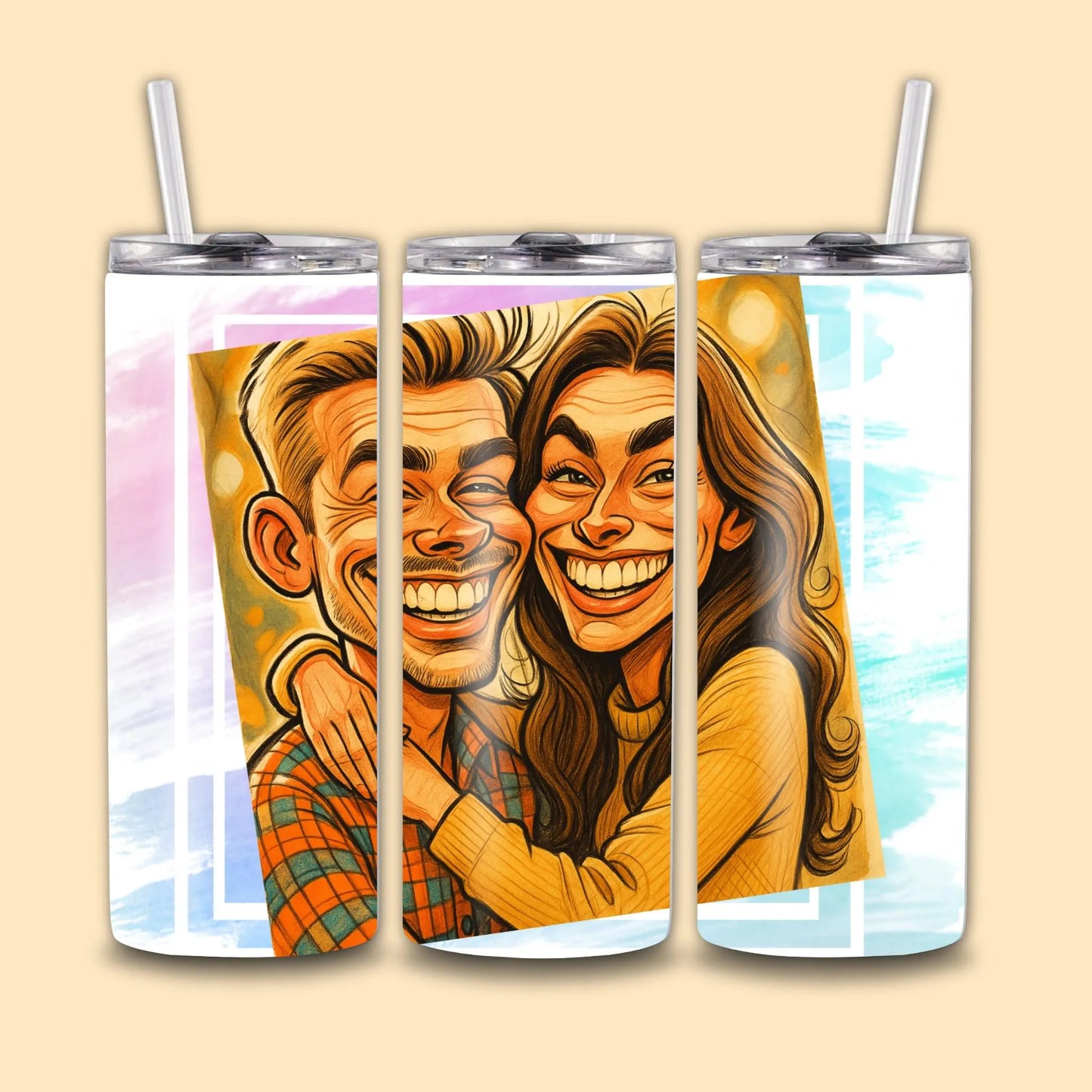 Custom Caricature Tumbler – Personalized 600 ml Stainless Steel Travel Cup with Lid & Straw – Your Photo on Mug
