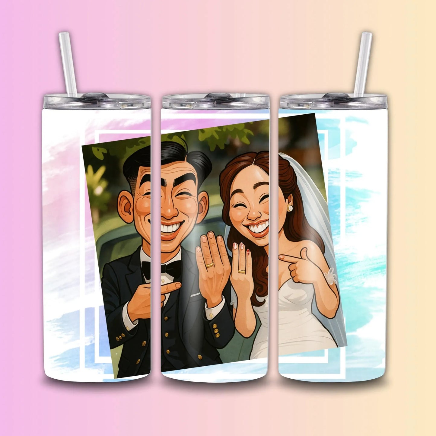 Custom Caricature Tumbler – Personalized 600 ml Stainless Steel Travel Cup with Lid & Straw – Your Photo on Mug