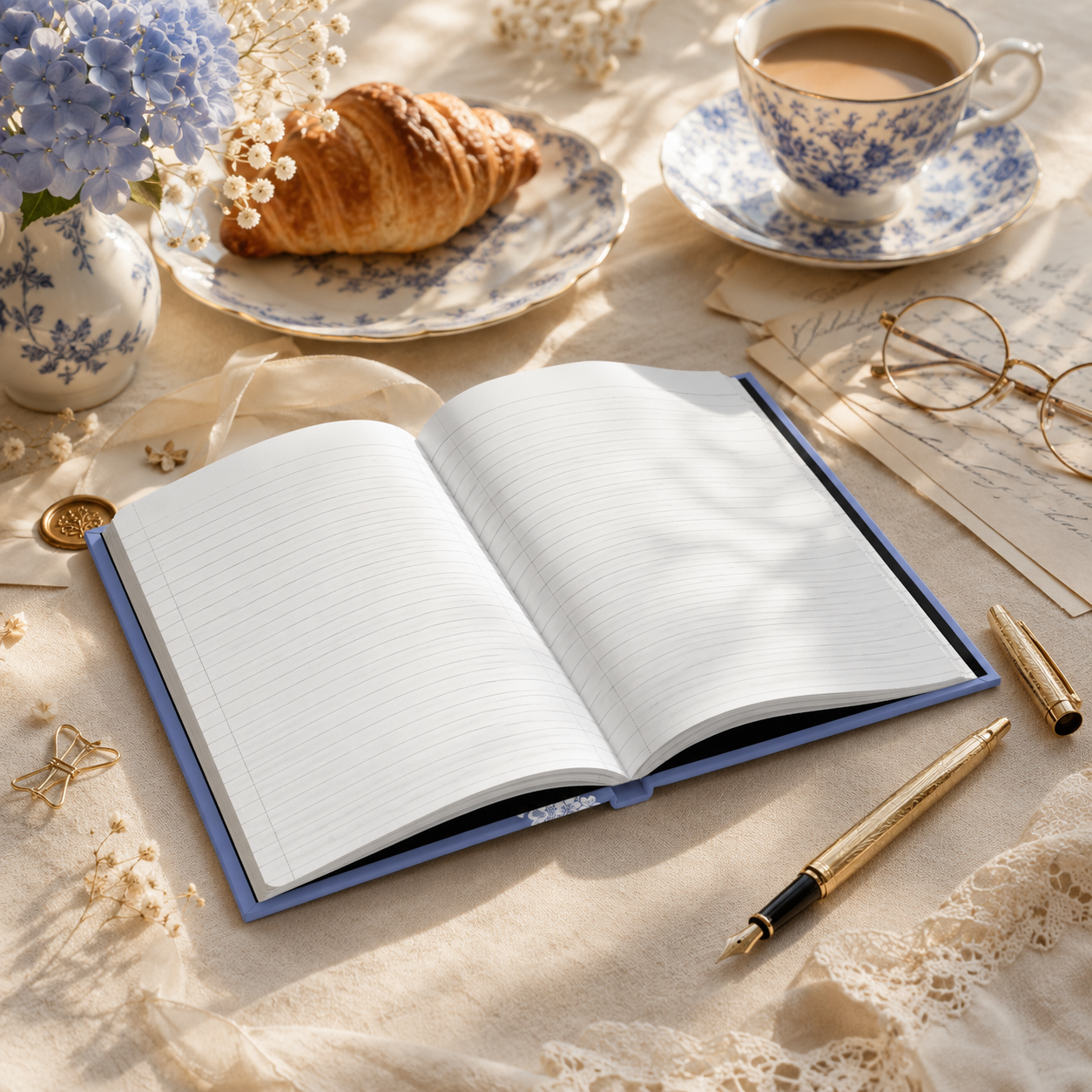 Open lined hardcover journal with premium writing pages displayed on a cozy vintage-inspired desk with porcelain tea set and breakfast styling.