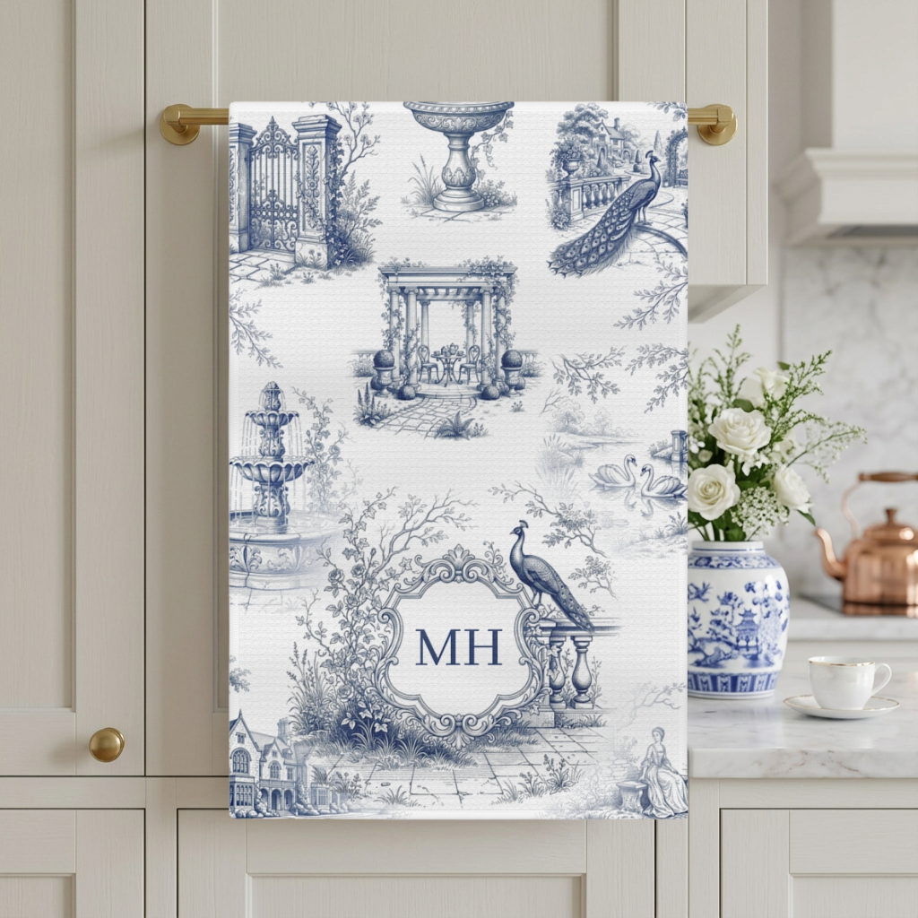 Personalized blue toile tea towel with monogram hanging in a light traditional kitchen.