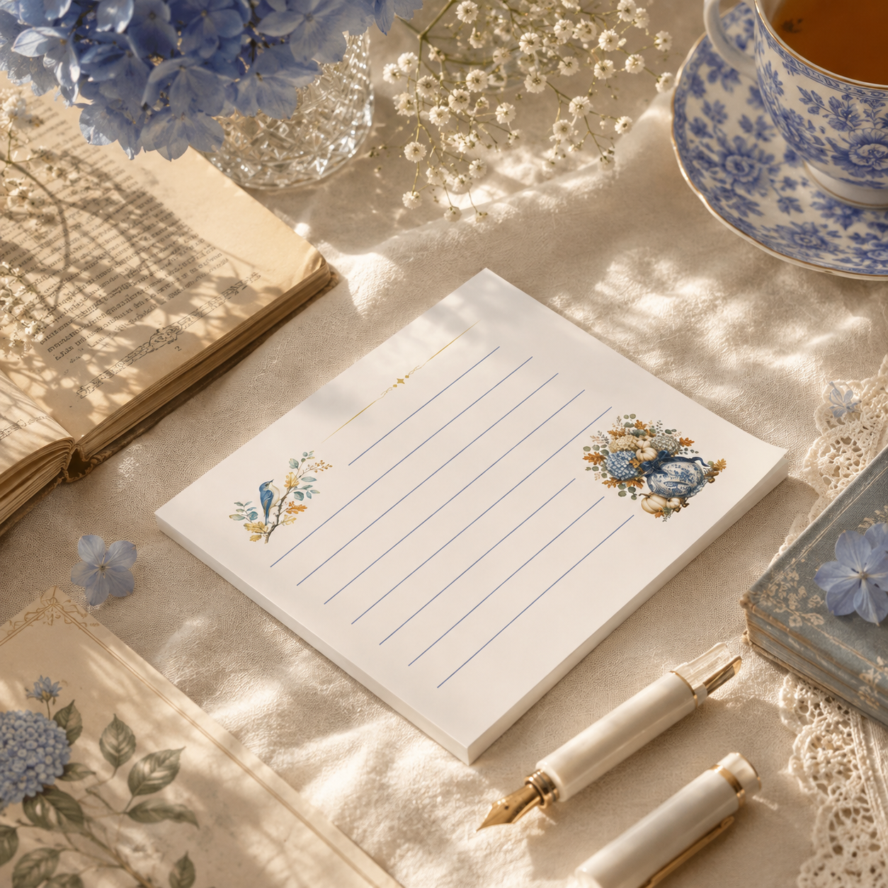 Vintage bluebird sticky note pad displayed in a cozy cottagecore workspace with elegant stationery, porcelain accents, and soft natural light.