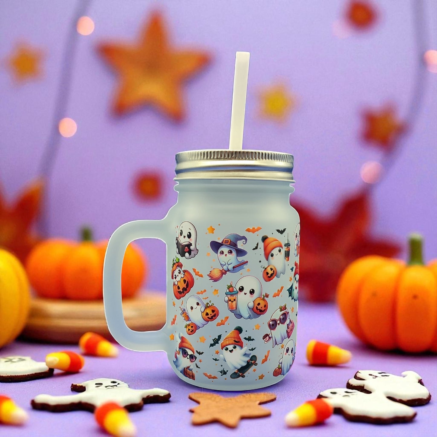 Boo Brew Glass - Halloween Ghost Glass Mug with Lid & Straw – 350ml Mason Jar Cup