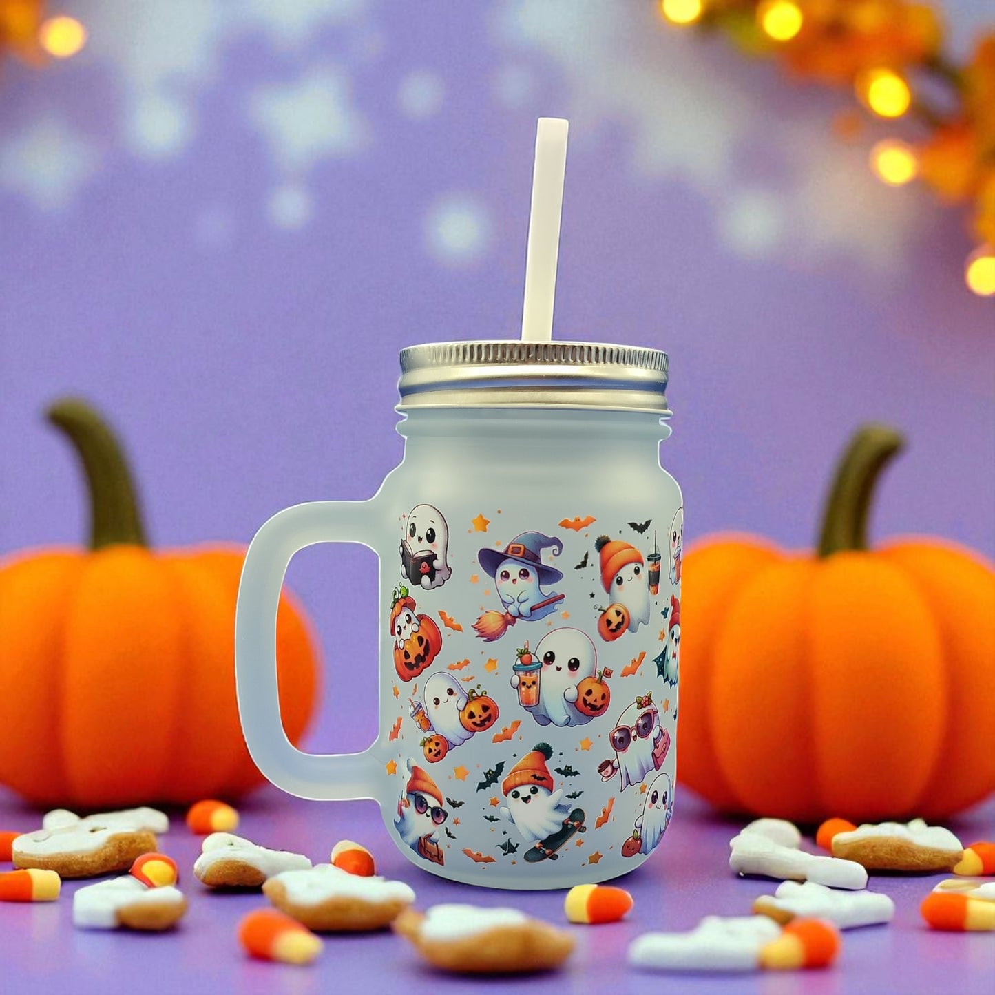Boo Brew Glass - Halloween Ghost Glass Mug with Lid & Straw – 350ml Mason Jar Cup