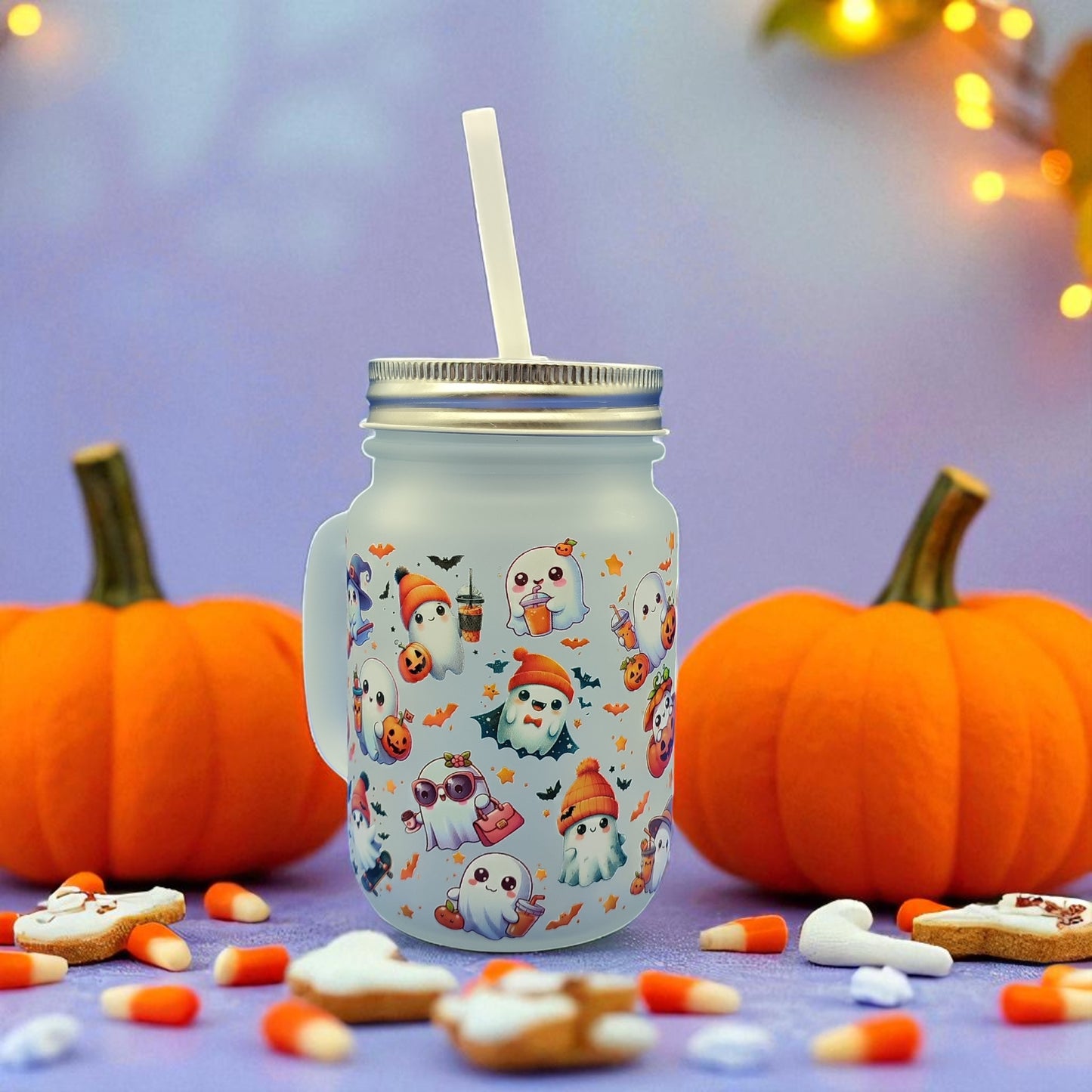 Boo Brew Glass - Halloween Ghost Glass Mug with Lid & Straw – 350ml Mason Jar Cup