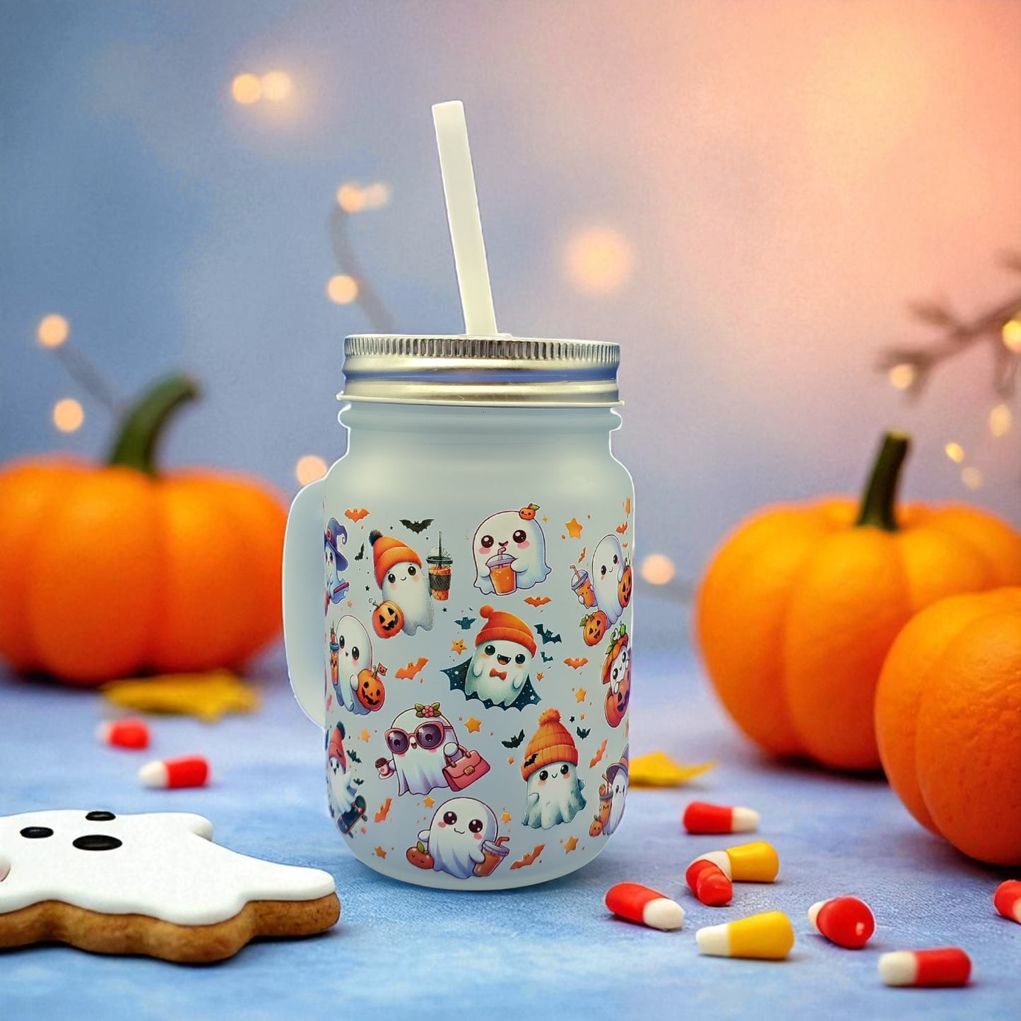 Boo Brew Glass - Halloween Ghost Glass Mug with Lid & Straw – 350ml Mason Jar Cup