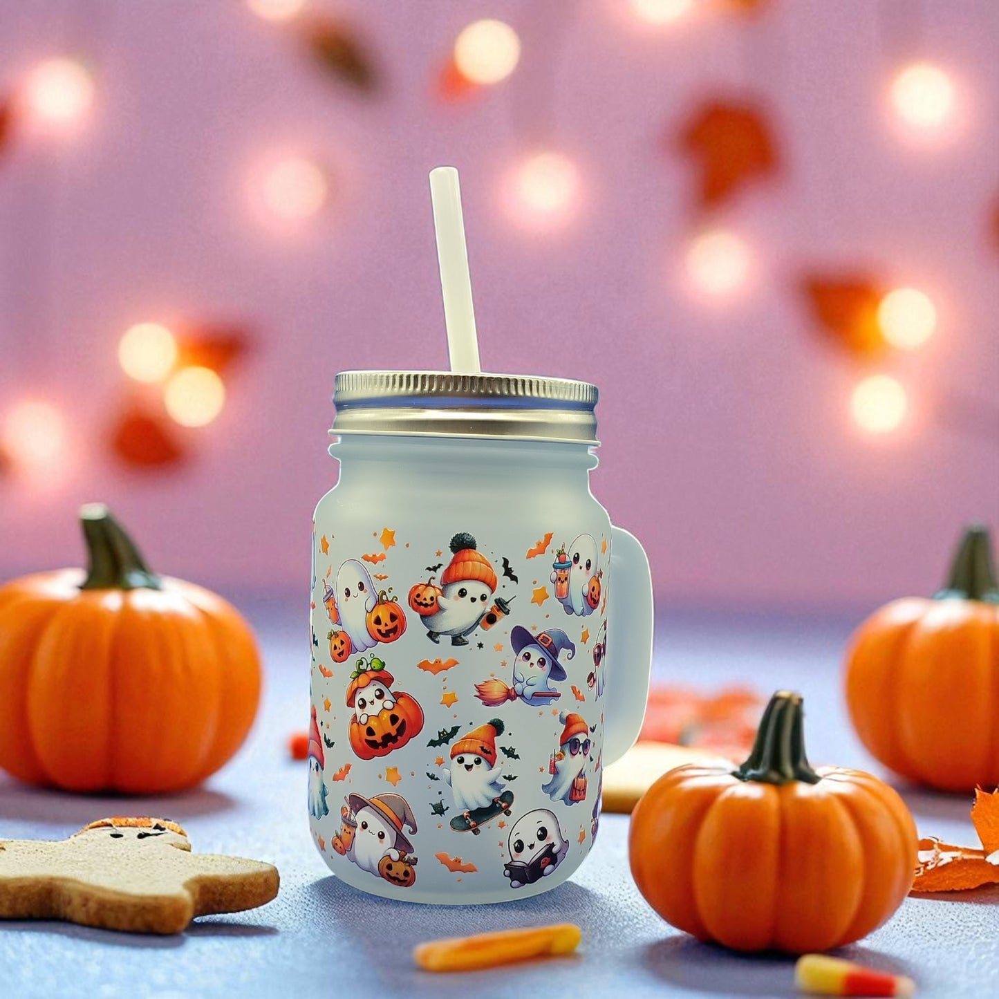 Boo Brew Glass - Halloween Ghost Glass Mug with Lid & Straw – 350ml Mason Jar Cup