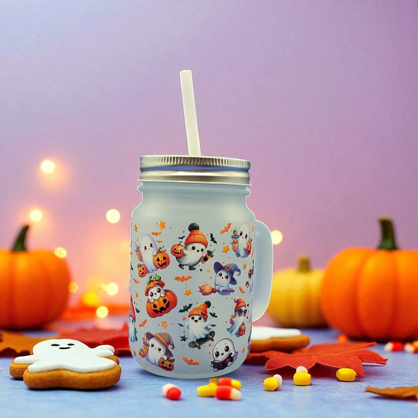 Boo Brew Glass - Halloween Ghost Glass Mug with Lid & Straw – 350ml Mason Jar Cup