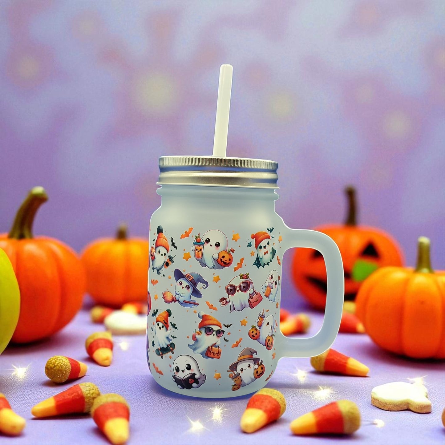 Boo Brew Glass - Halloween Ghost Glass Mug with Lid & Straw – 350ml Mason Jar Cup