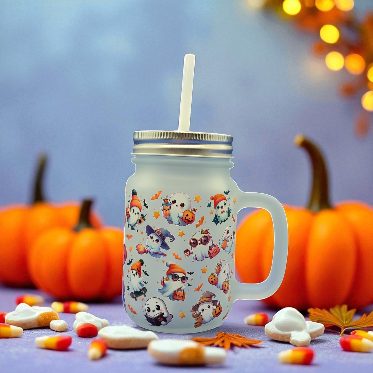 Boo Brew Glass - Halloween Ghost Glass Mug with Lid & Straw – 350ml Mason Jar Cup