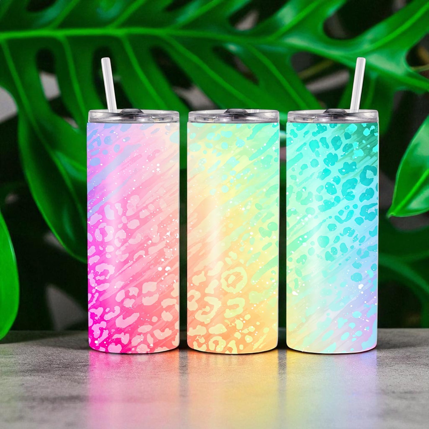 Mystic Splash - pastel leopard rainbow tumbler – 600 ml stainless steel tumbler with straw & lid