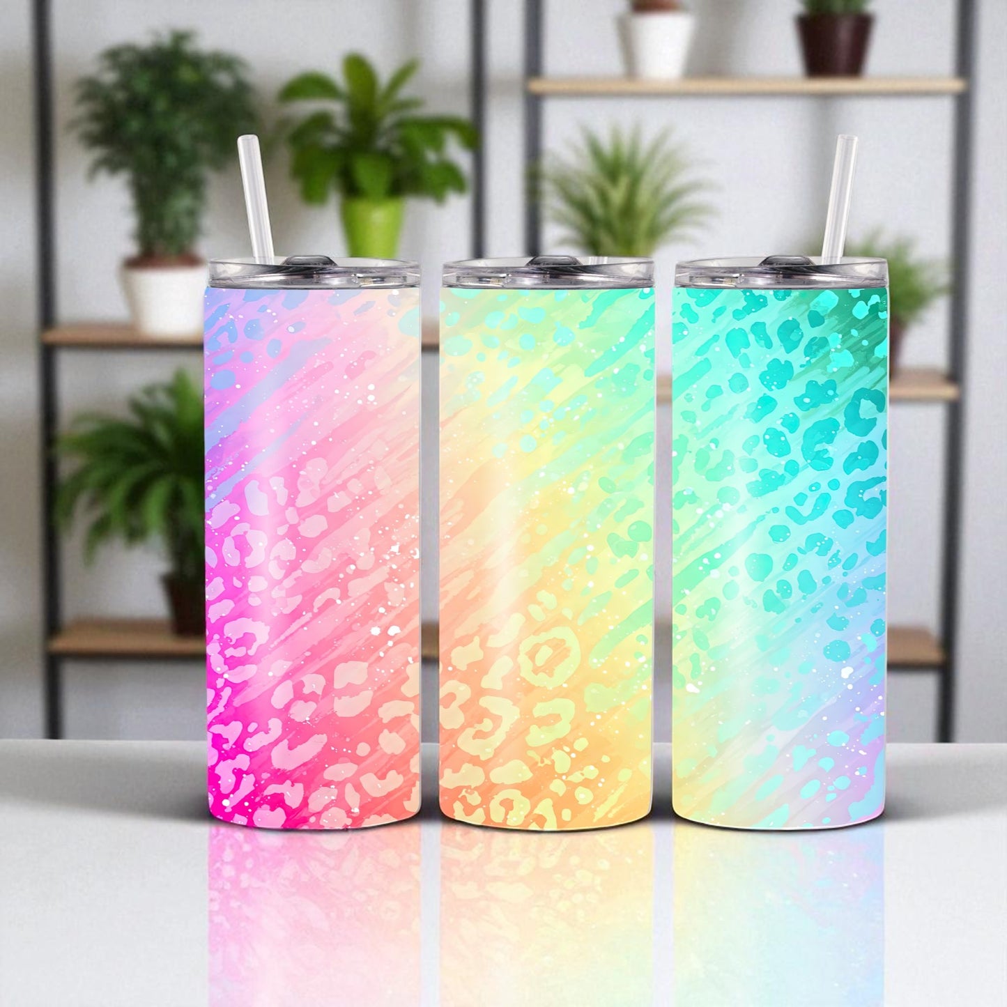 Mystic Splash - pastel leopard rainbow tumbler – 600 ml stainless steel tumbler with straw & lid