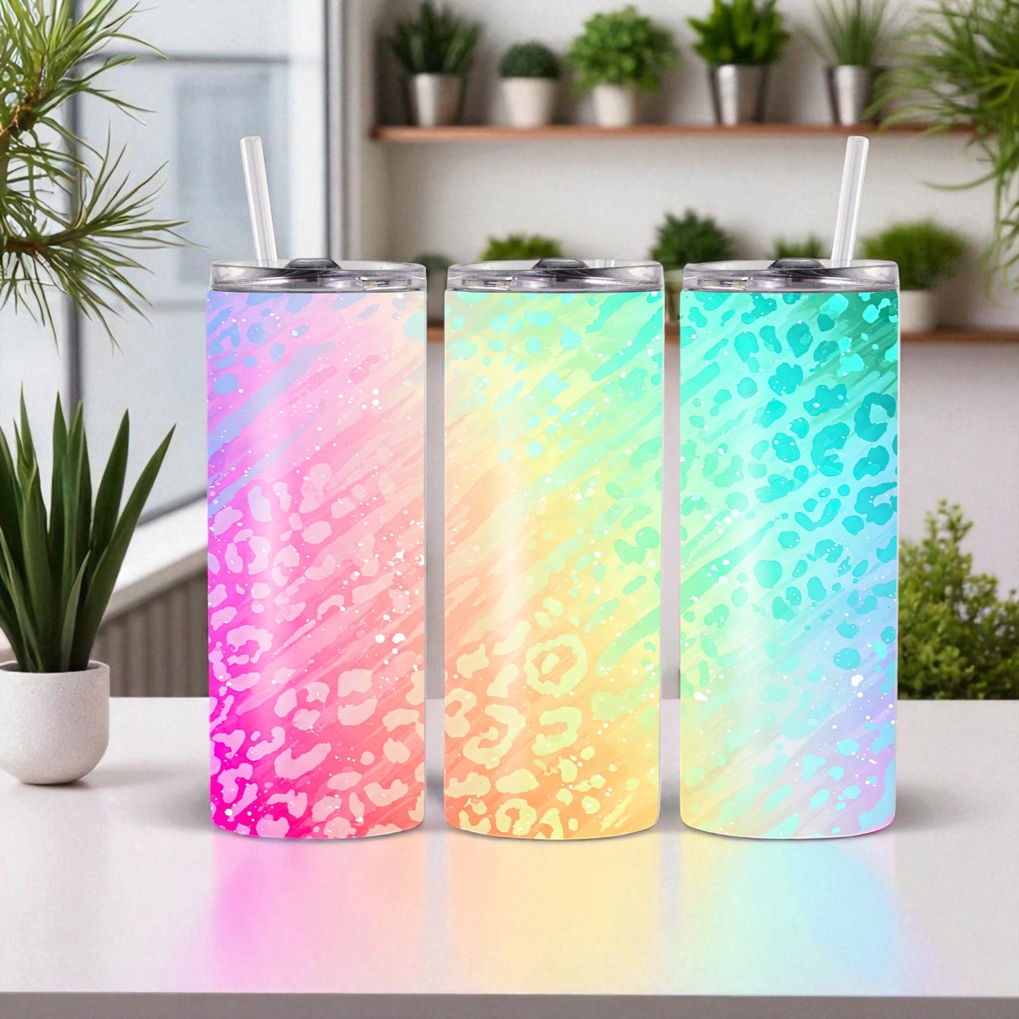 Mystic Splash - pastel leopard rainbow tumbler – 600 ml stainless steel tumbler with straw & lid