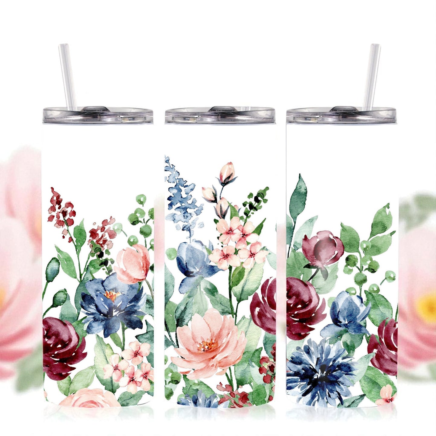 Wildflower Wishes - Floral watercolor tumbler – 600 ml stainless steel cup with lid & straw for her