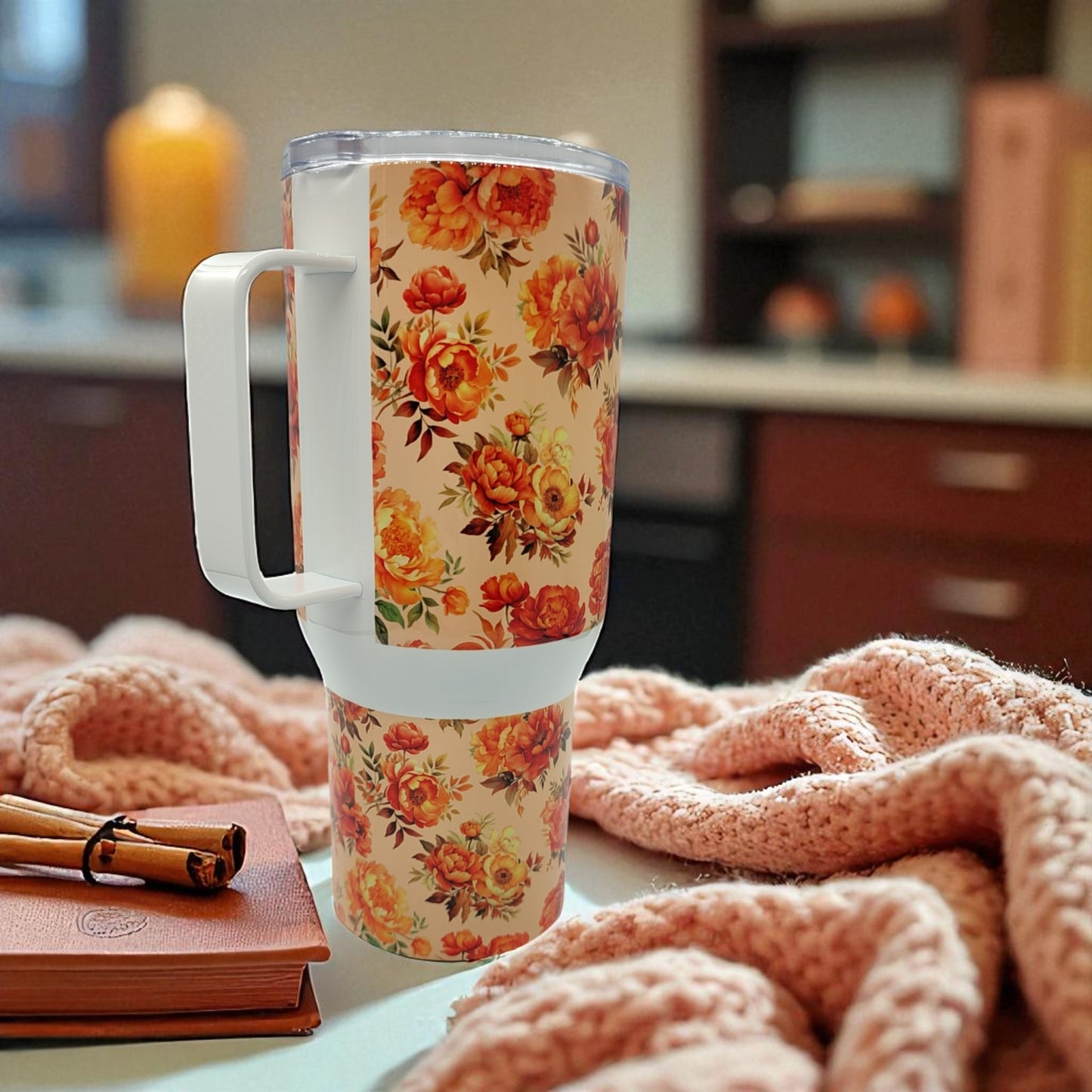 Fall Peony Stainless Steel Tumbler – 750ml / 25oz | Autumn Floral Drinkware with Lid