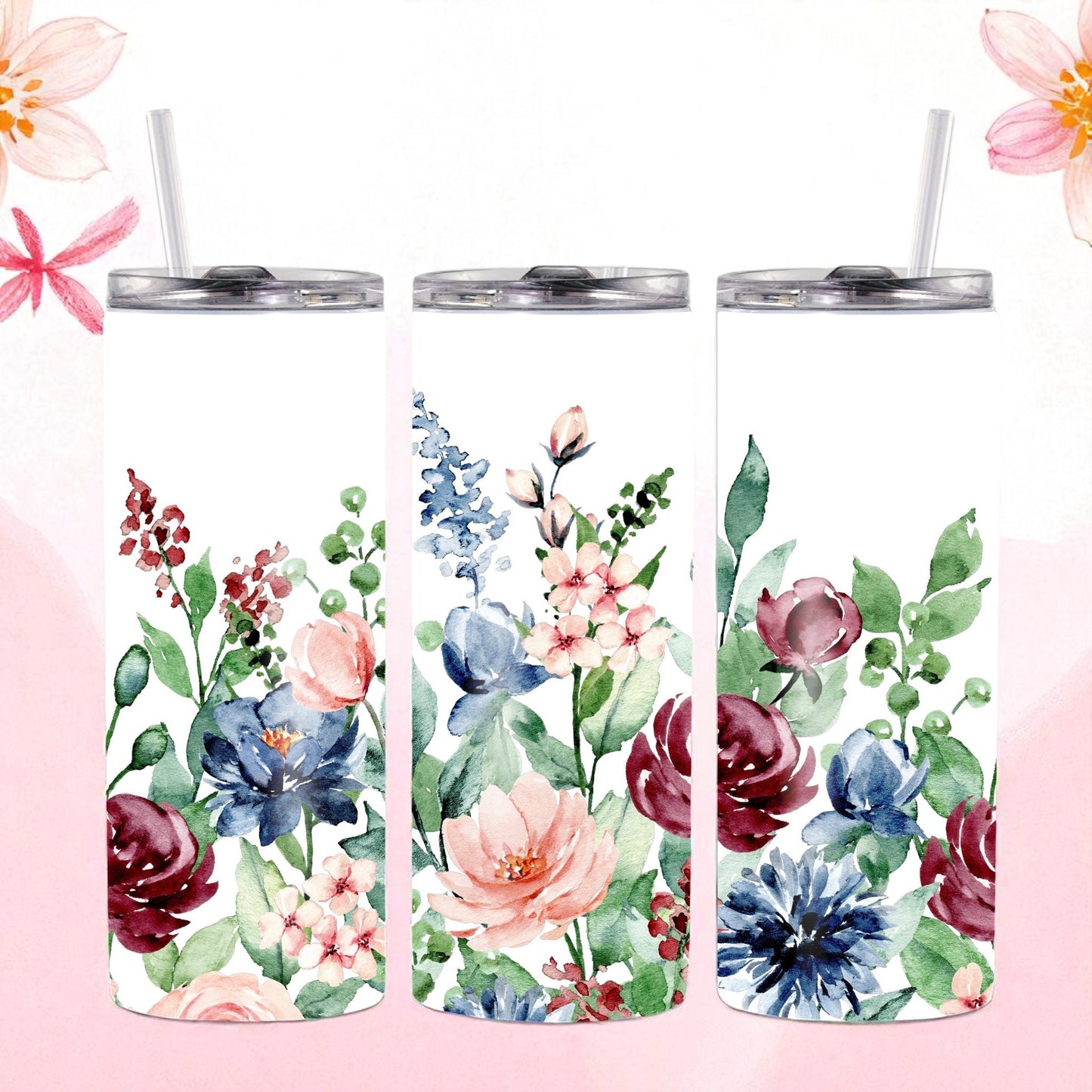 Wildflower Wishes - Floral watercolor tumbler – 600 ml stainless steel cup with lid & straw for her