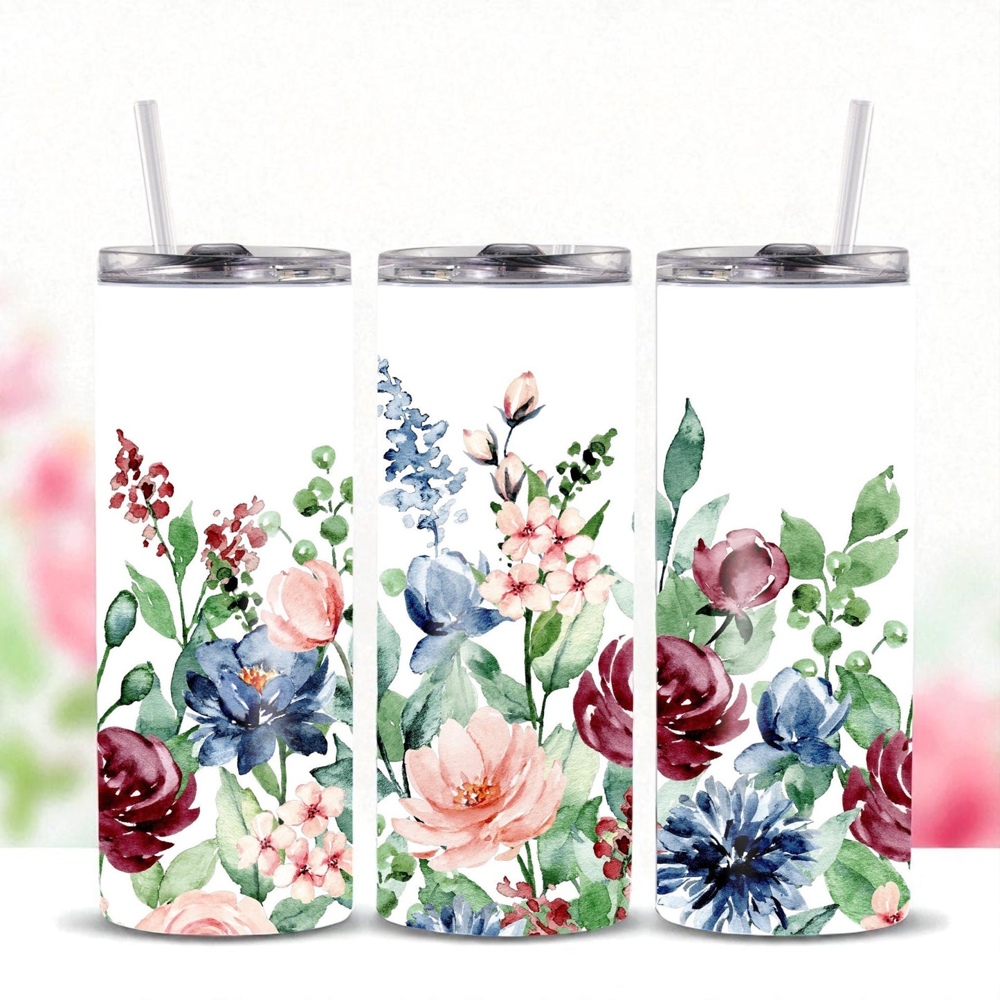 Wildflower Wishes - Floral watercolor tumbler – 600 ml stainless steel cup with lid & straw for her